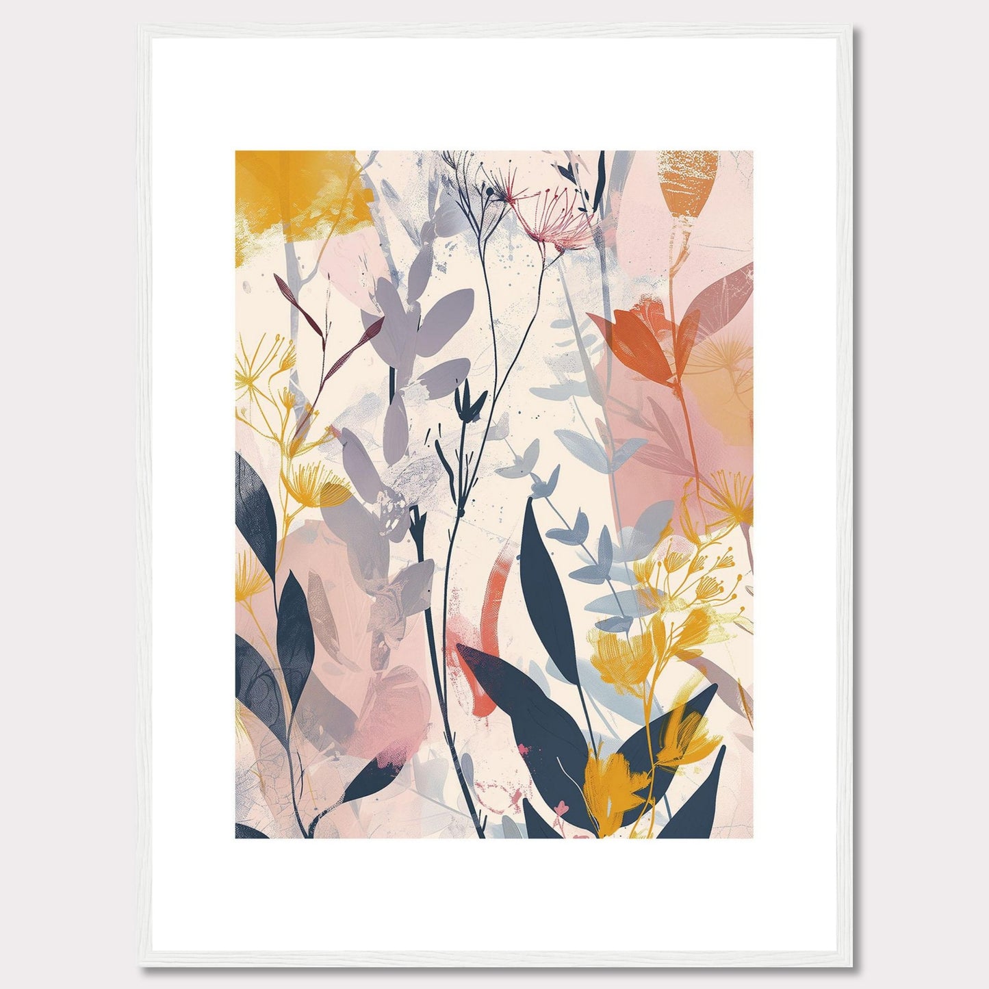 This image showcases a beautiful abstract botanical art print. It features a blend of soft and vibrant colors, depicting various plant forms and leaves.