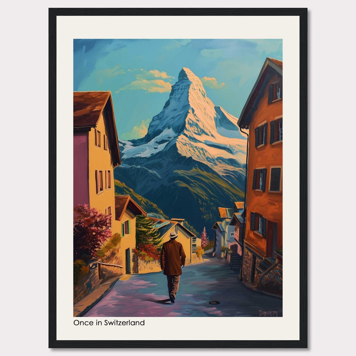 This beautiful painting captures a serene Swiss village with the majestic Matterhorn mountain in the background. The scene features charming houses, a lone figure walking down the street, vibrant foliage, and a clear blue sky.