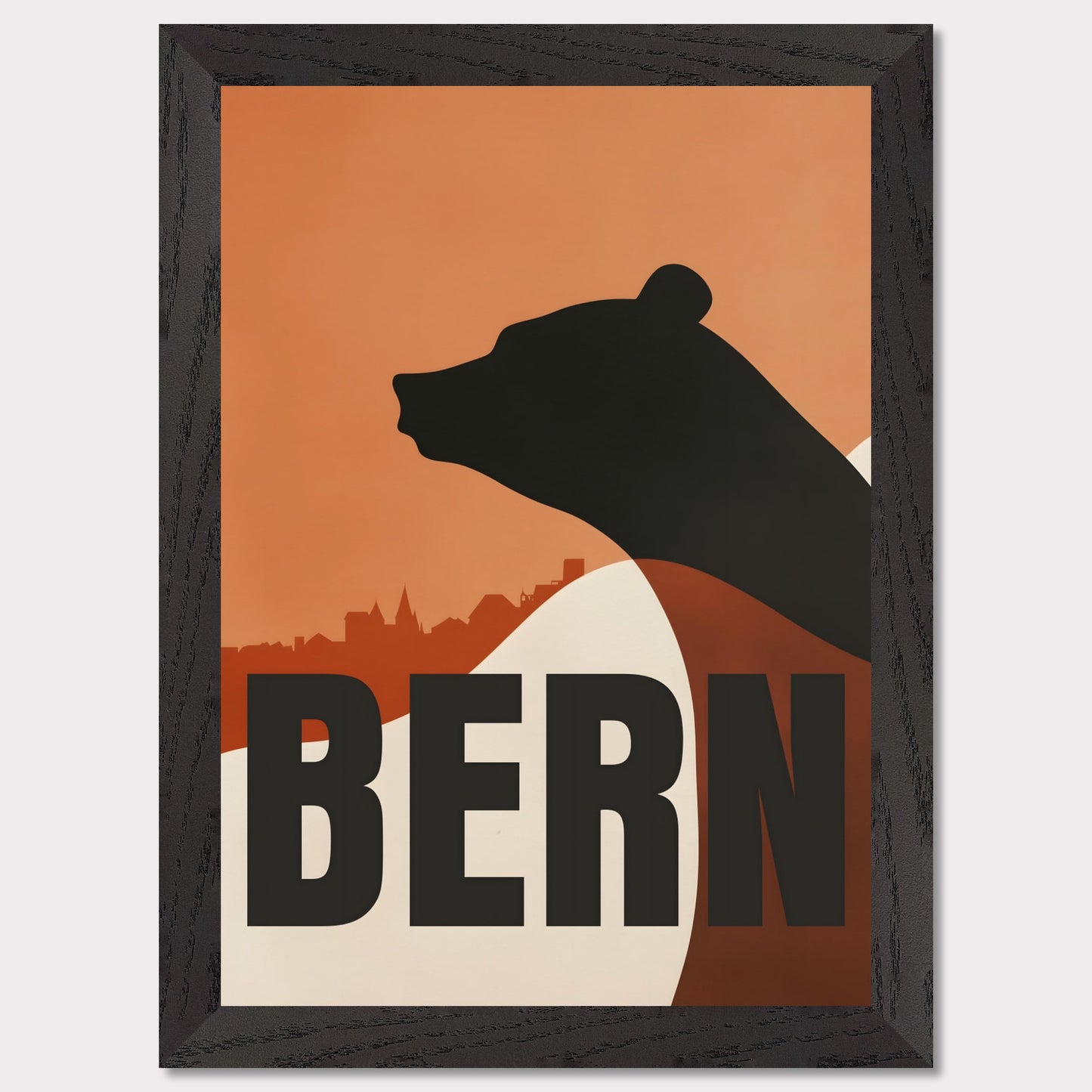 This minimalist poster features the silhouette of a bear — the symbol of Bern — against an orange sky and the city's architectural skyline. Simple yet profound, the design captures the atmosphere of Switzerland's capital and its rich cultural heritage.