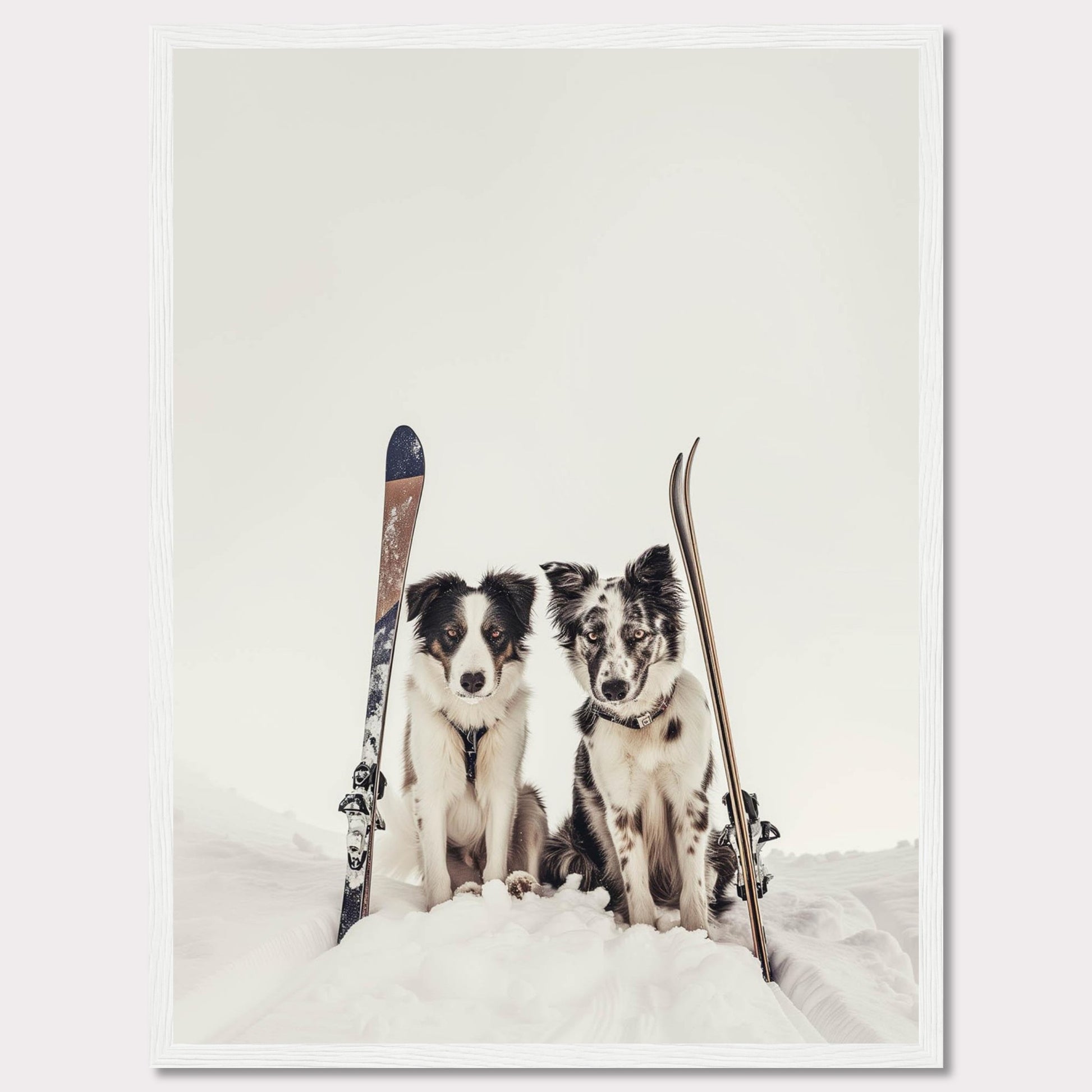 This charming photo captures two adorable dogs sitting in the snow with skis beside them, evoking a sense of adventure and playfulness. The scene is set against a serene snowy backdrop, highlighting the dogs and their playful expressions.