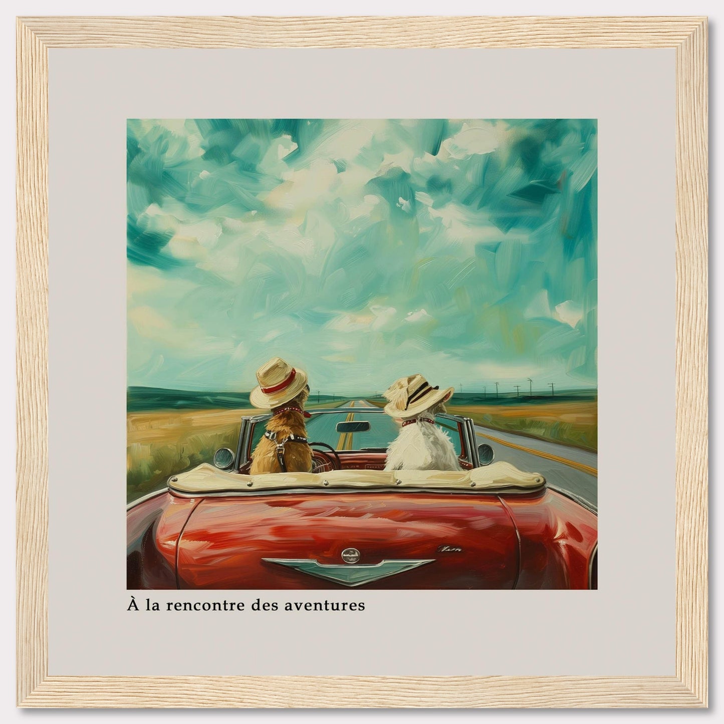 This charming artwork depicts two dogs wearing hats, riding in a red convertible on an open road under a vibrant sky. The scene evokes a sense of adventure and freedom.