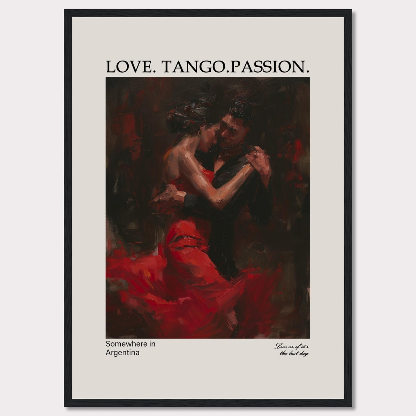 This captivating poster showcases a passionate tango dance between a couple, enveloped in deep red and black hues.