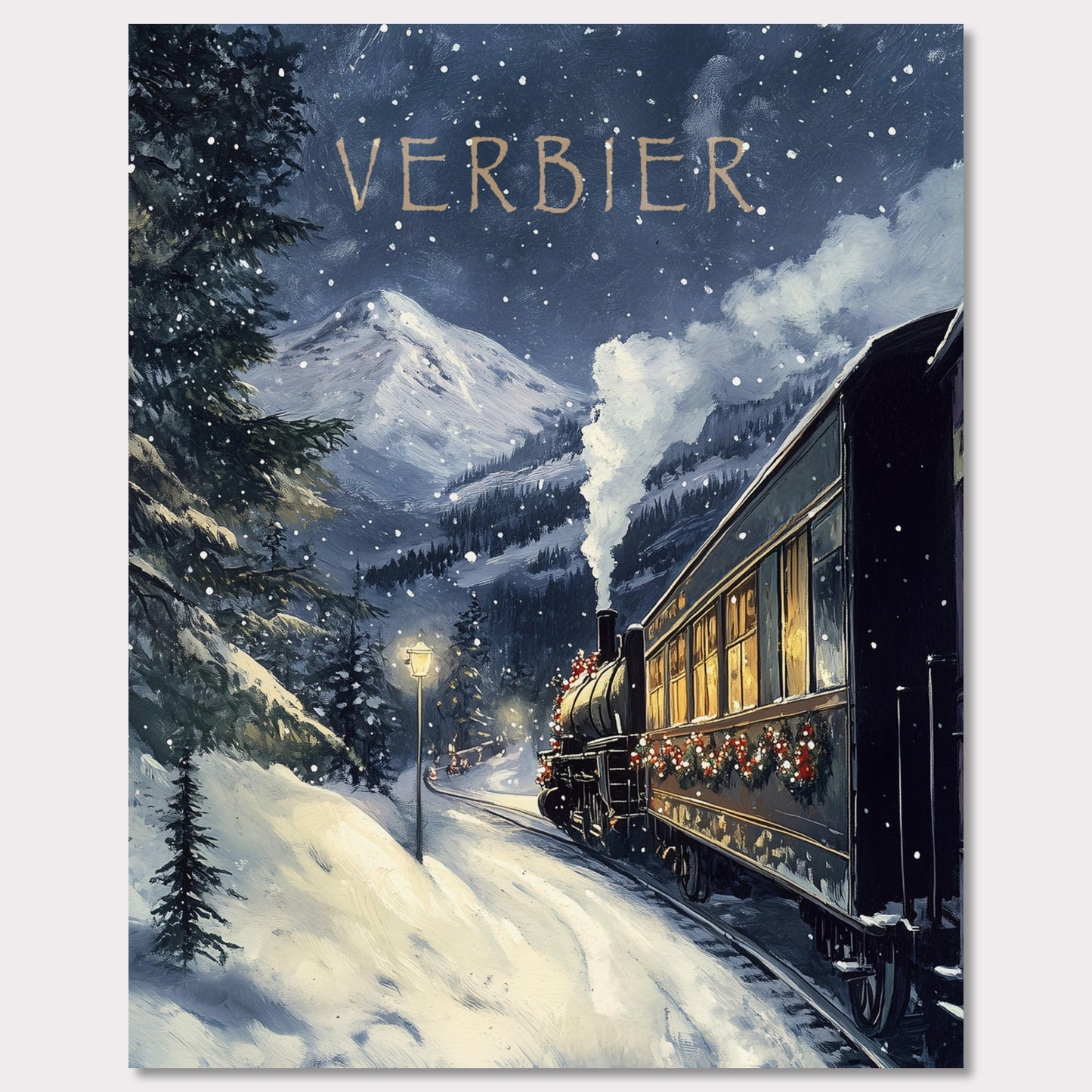 This charming, vintage-inspired poster transports you to a winter wonderland in Verbier, as a steam train adorned with festive decorations winds its way through a snowy mountain landscape. The warm glow from the train’s windows contrasts beautifully with the cool, snowy surroundings, creating a nostalgic and inviting atmosphere. The gentle snowfall and the towering mountain peaks in the background complete the serene yet adventurous feel of this picturesque winter journey.