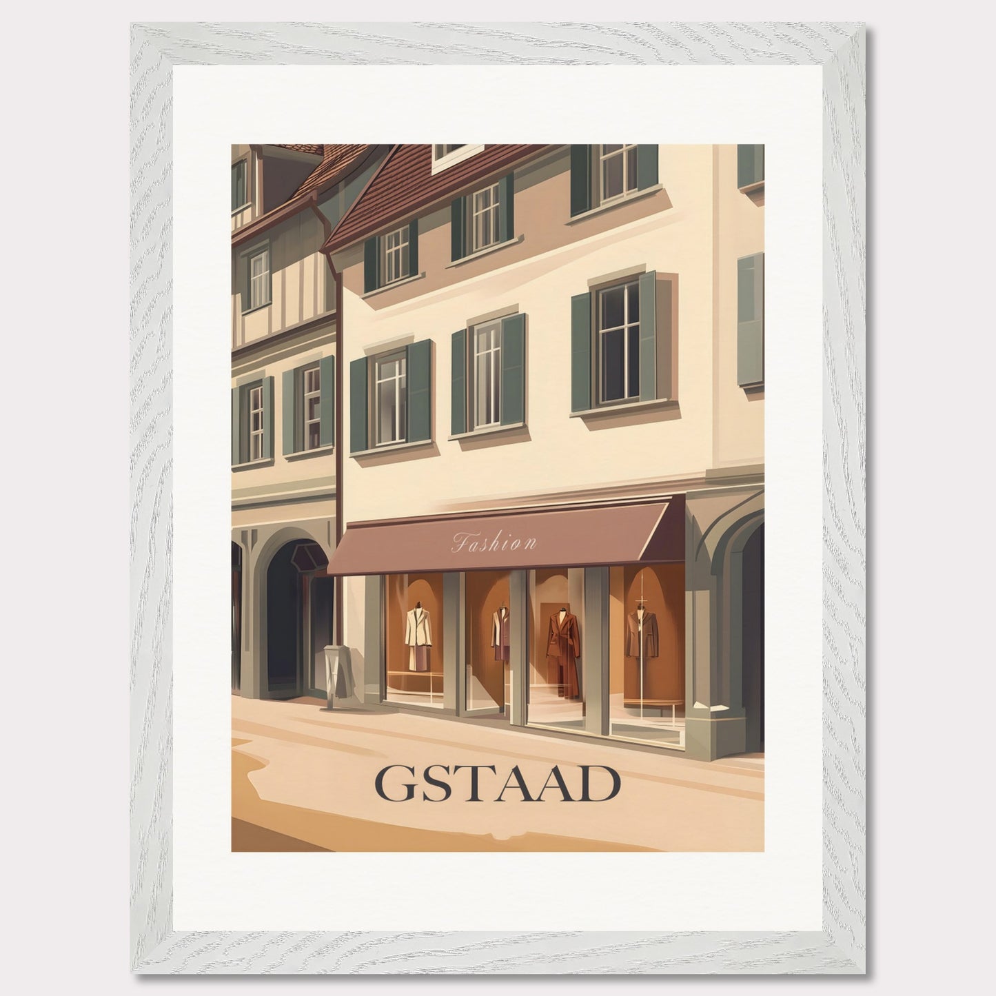 A stylish poster capturing the elegant shopping experience in Gstaad. The charming streets lined with high-end boutiques create an atmosphere of exclusivity and sophistication.