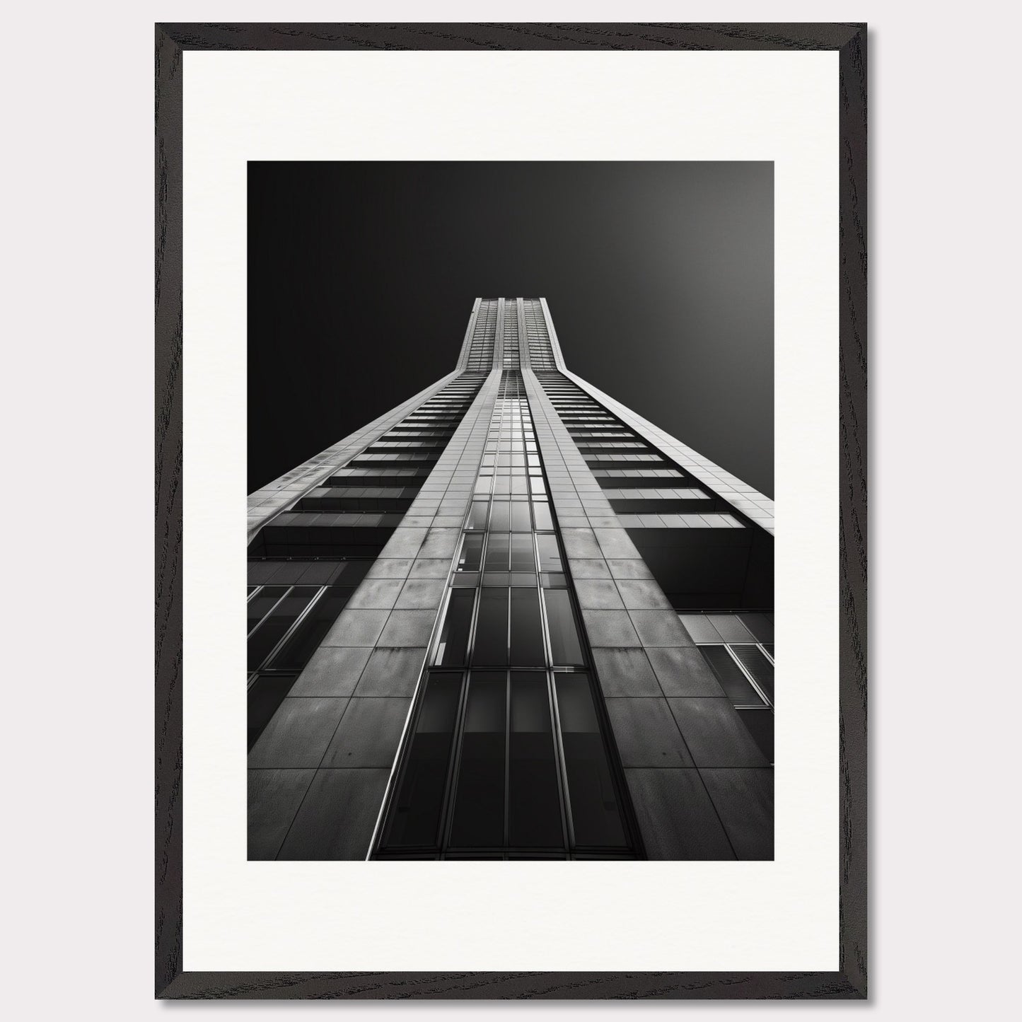 This striking black and white photograph captures the awe-inspiring perspective of looking up at a towering skyscraper. The image emphasizes the sleek lines and modern architecture, drawing the viewer's eye upwards towards the sky.