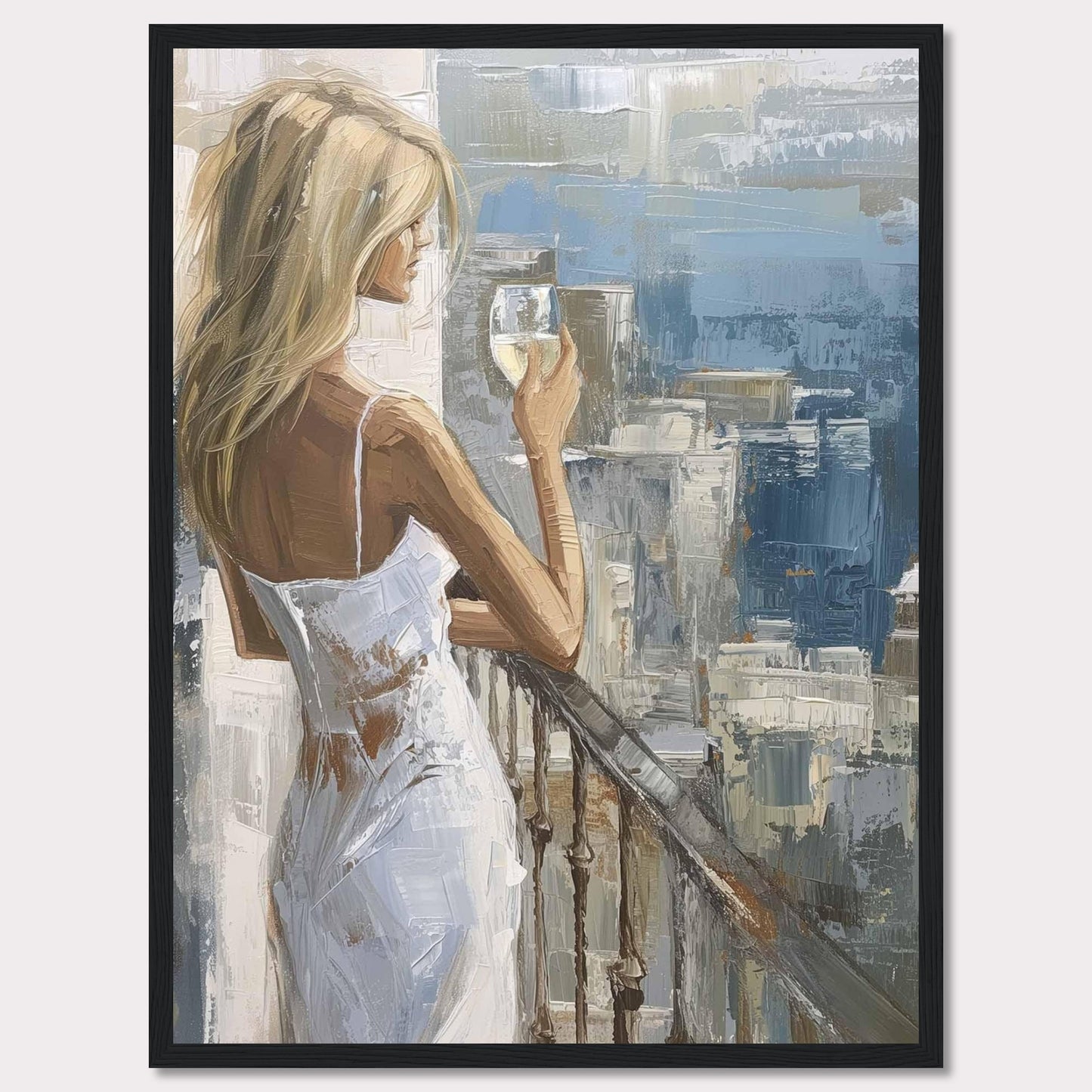 This painting depicts a serene moment where a woman, dressed in a white dress, stands on a balcony holding a glass of wine. The background features an impressionistic cityscape with various shades of blue and gray.