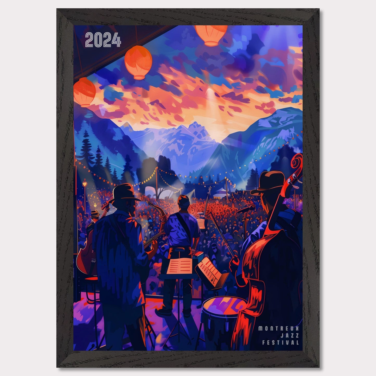 This vibrant poster depicts a lively jazz festival set against a stunning mountain backdrop. The scene is illuminated by colorful lanterns and features a band performing to a large, enthusiastic crowd. The sky is painted with dramatic hues of orange and purple, enhancing the festive atmosphere.