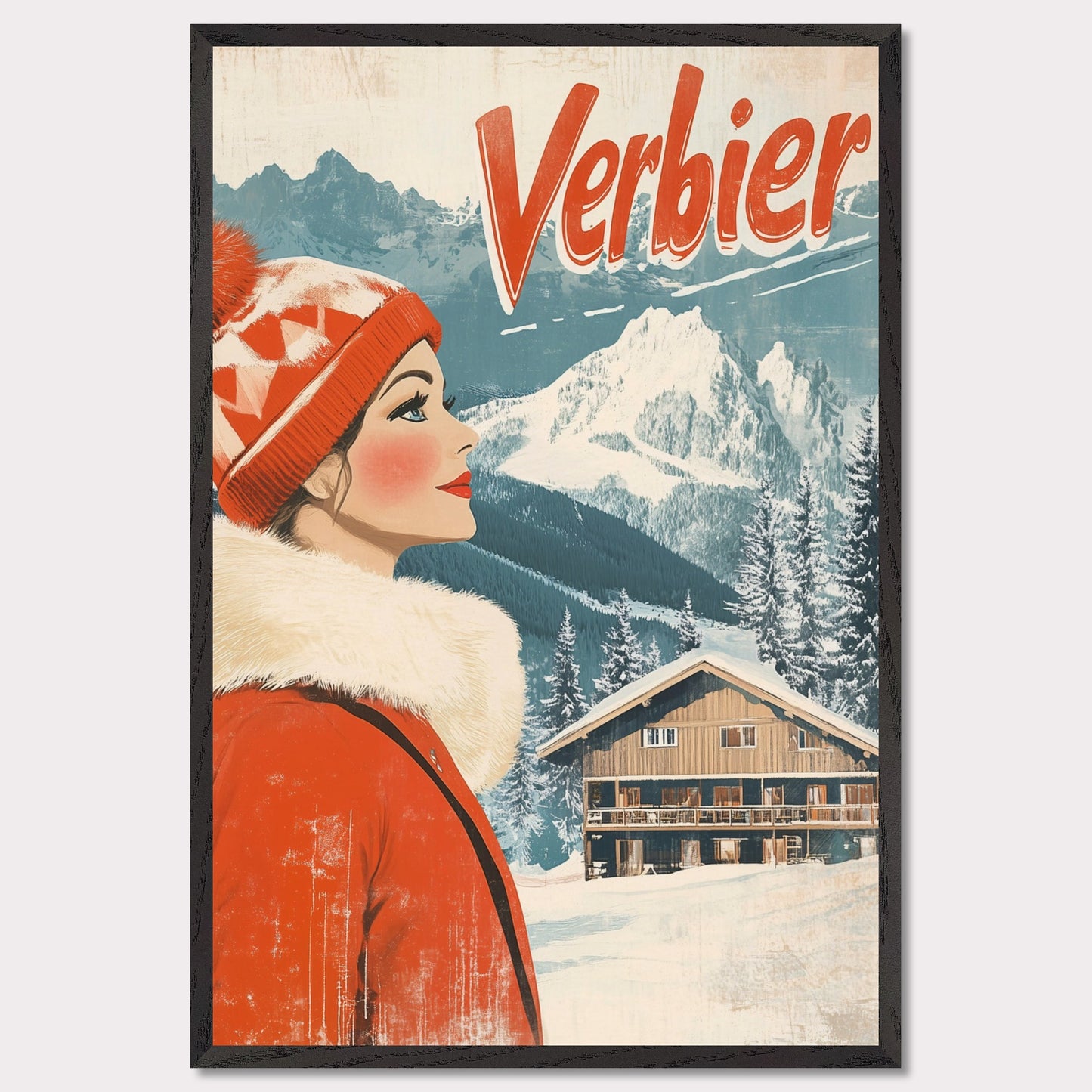 This elegant retro-style poster features a woman in a stylish red winter coat and pom-pom hat, looking towards the majestic Verbier mountains. The soft pastel tones and crisp white snow provide a serene backdrop, while the vintage design and typography evoke a sense of sophistication and timeless charm. The poster conveys the allure of Verbier as both an adventure and a refined escape into nature’s beauty.