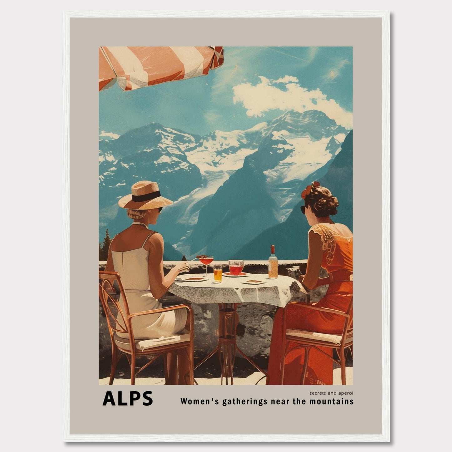 A beautiful vintage-style poster depicting two women enjoying a drink at a table with a stunning view of the Alps mountains in the background.