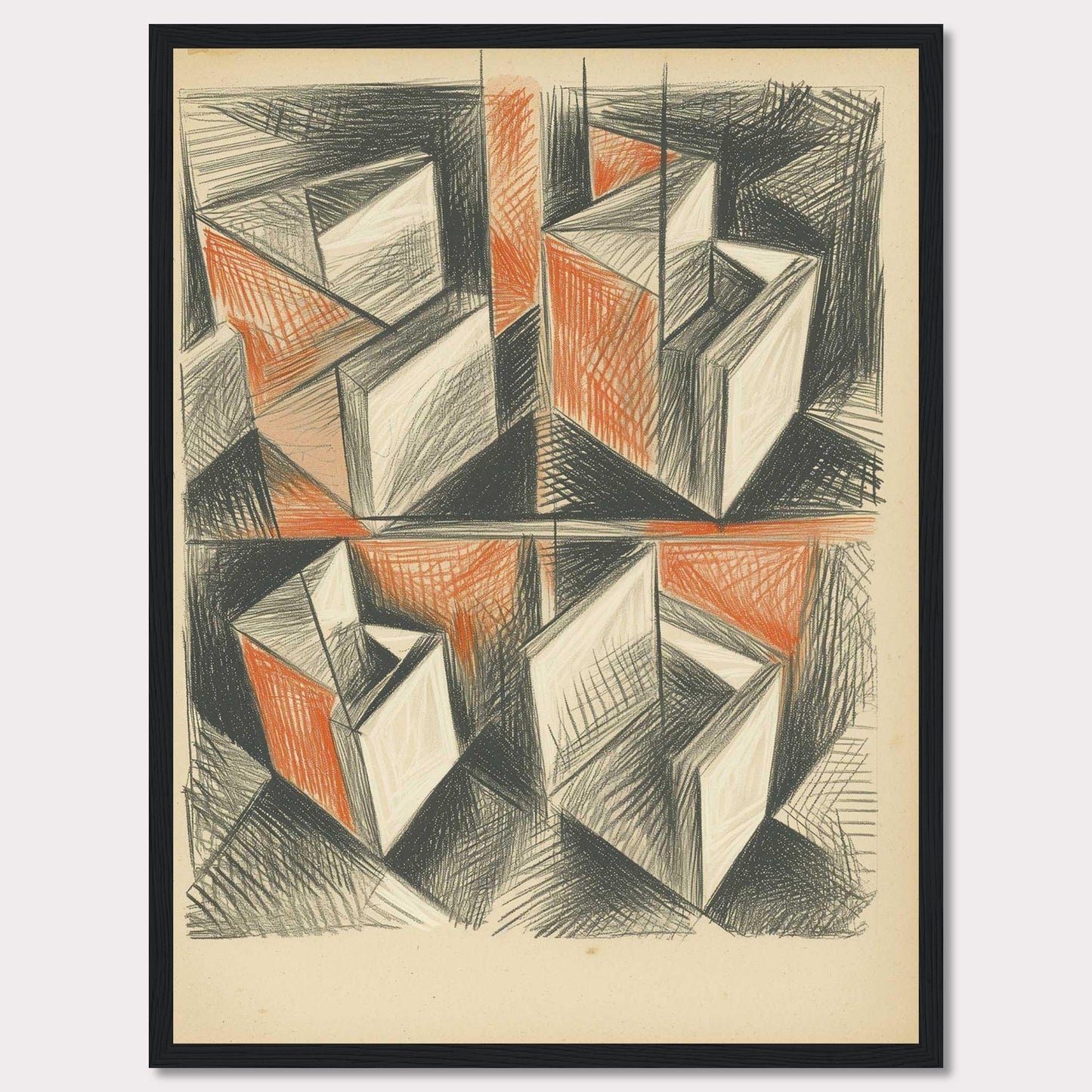 This artwork features an abstract geometric composition with intersecting shapes and lines. The use of black and orange tones creates a dynamic and intriguing visual effect.