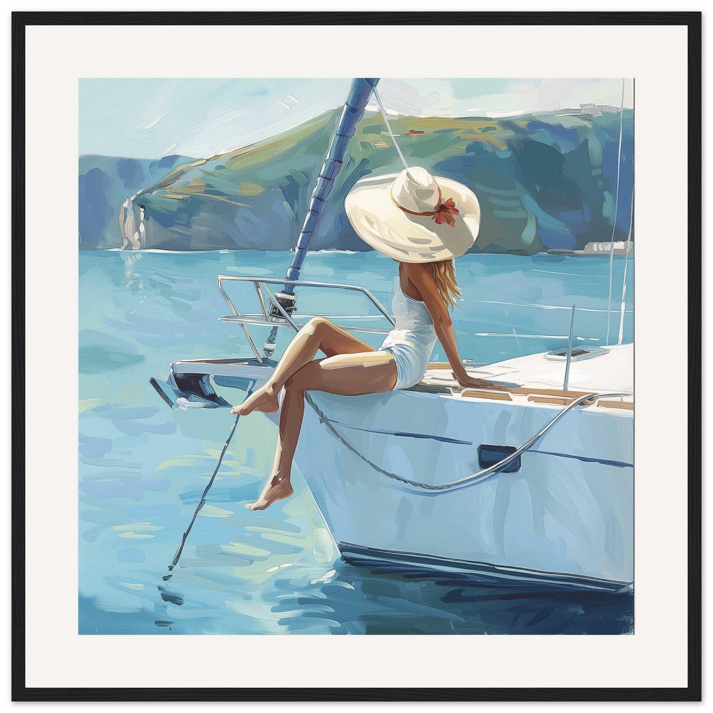 Immerse yourself in serenity with this stunning artwork of a woman lounging on a yacht, basking in the sun. The calm blue waters and picturesque coastal cliffs create a tranquil backdrop, while her wide-brimmed hat adds a touch of elegance.