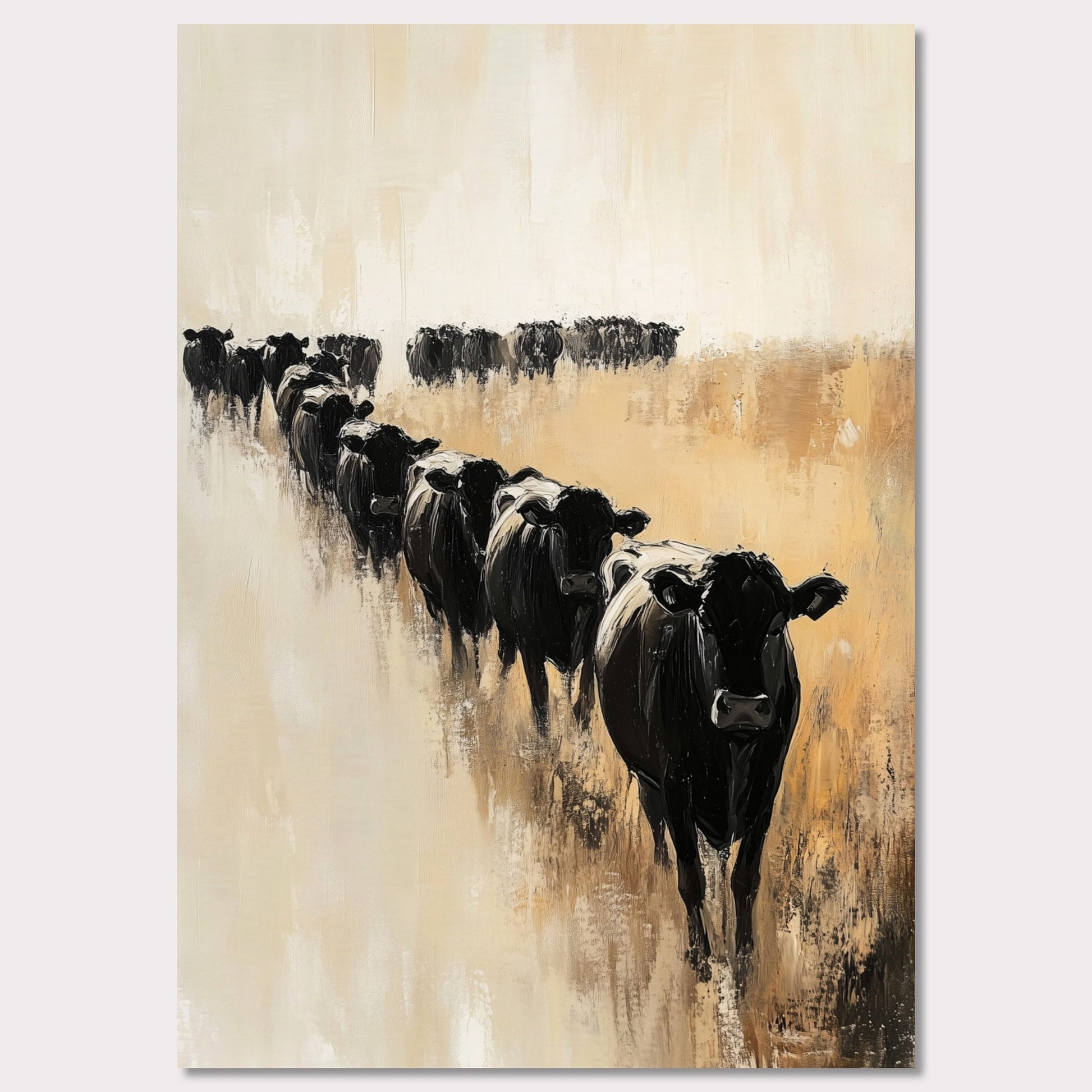 This captivating artwork portrays a herd of black cows walking in a line across a serene, golden field. The abstract brush strokes and muted color palette evoke a sense of calm and tranquility.