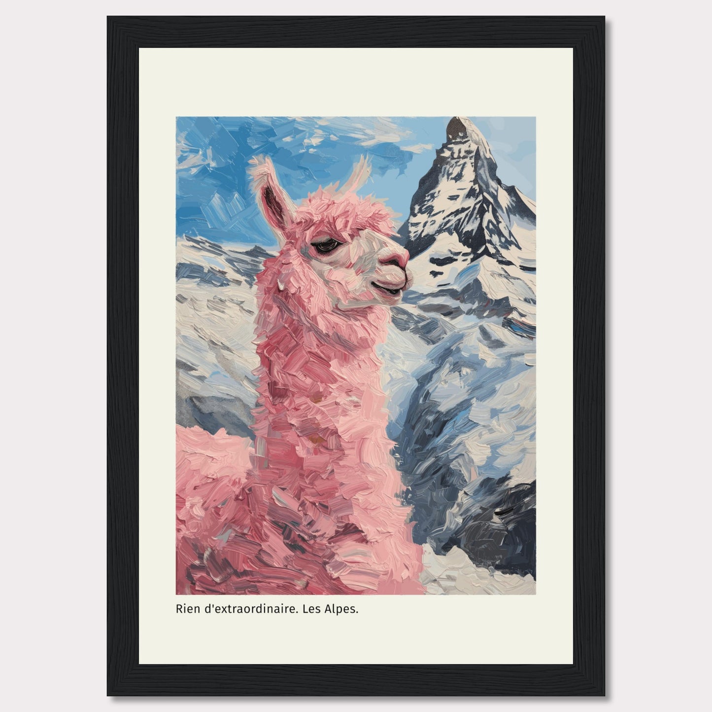 This whimsical painting features a pink llama standing proudly against the backdrop of the majestic Alps. The vibrant colors and playful brushstrokes bring a sense of fun and adventure to the scene.