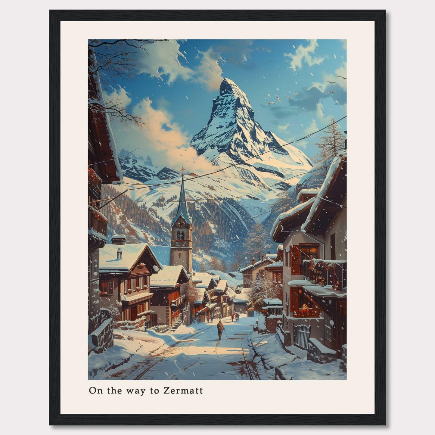 This beautiful artwork captures a serene winter scene on the way to Zermatt, featuring snow-covered rooftops and a majestic mountain in the background.