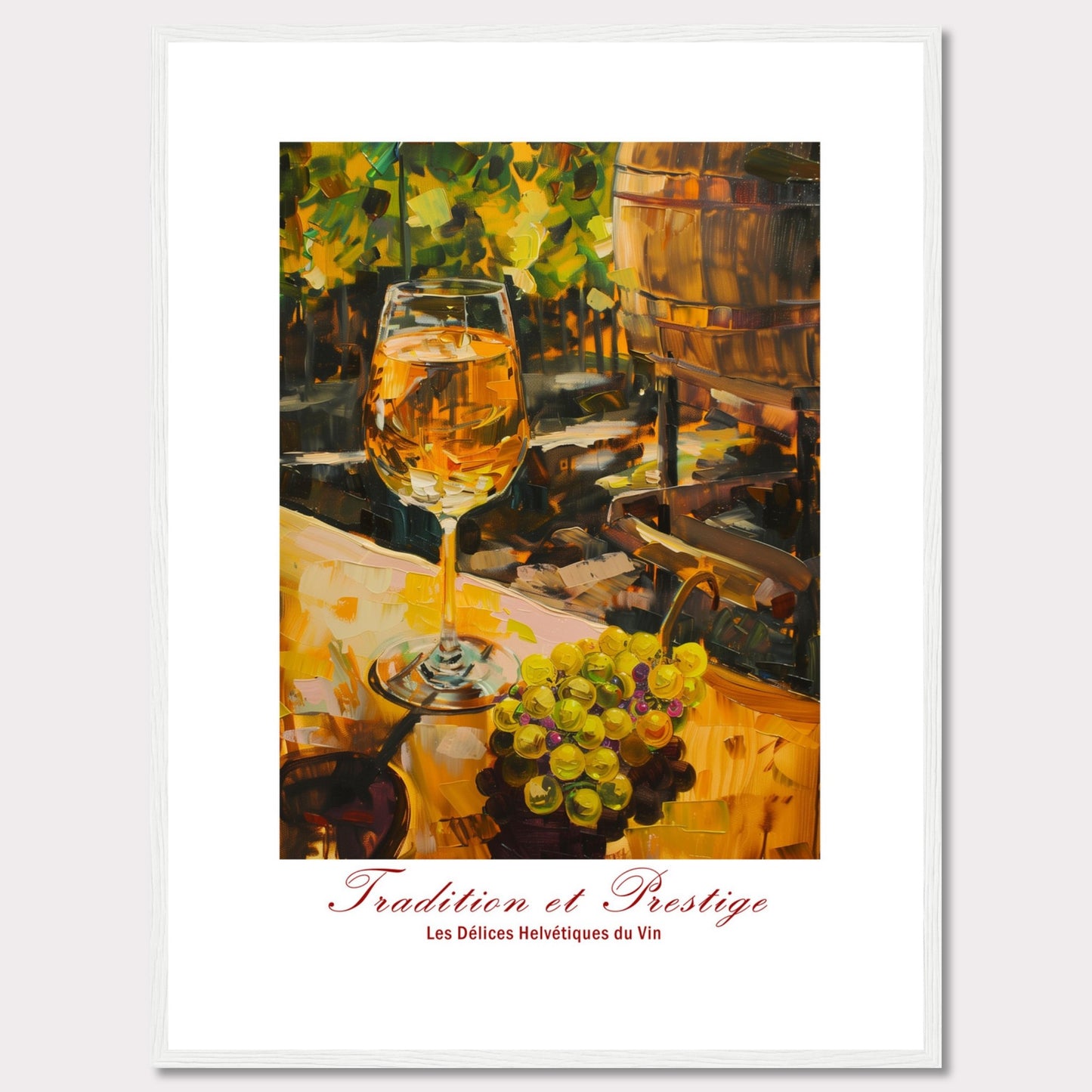 This image showcases a beautifully painted scene of a wine glass filled with white wine, set against a backdrop of a vineyard. The painting captures the essence of tradition and prestige in winemaking.