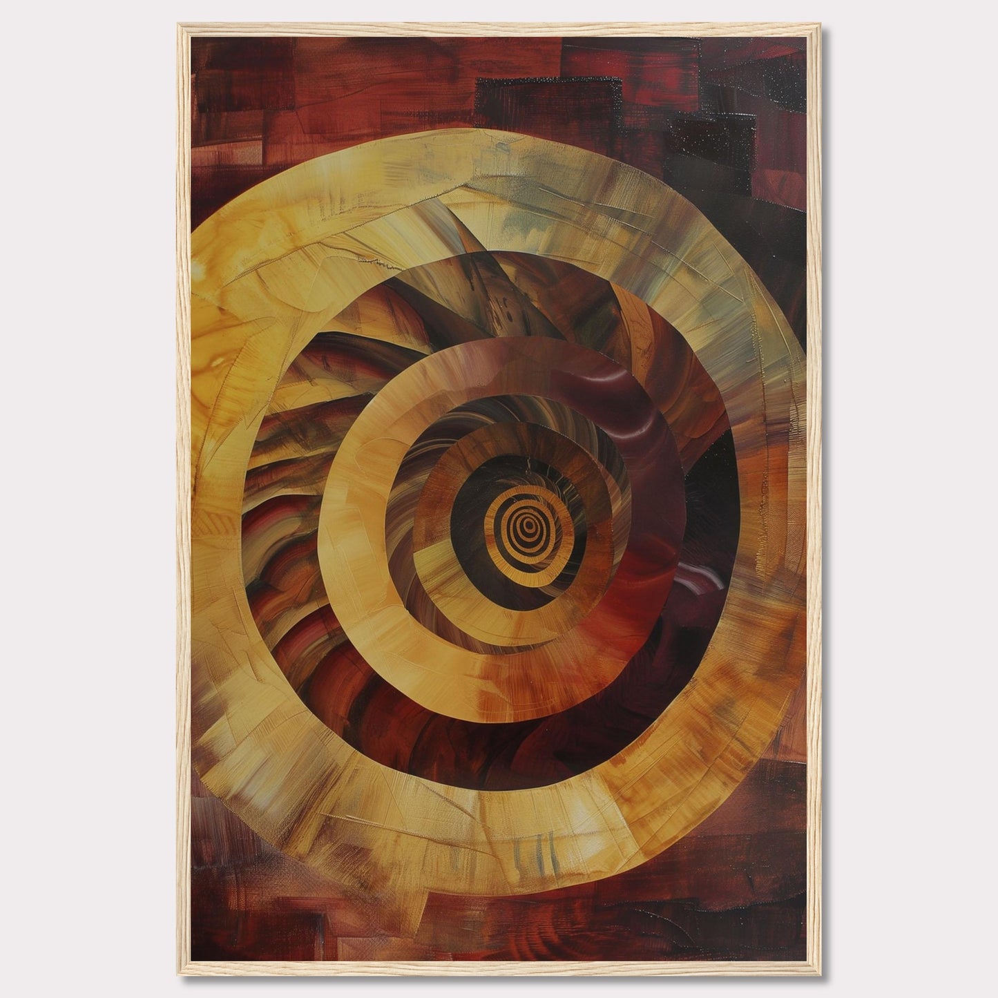 This captivating abstract painting features a mesmerizing spiral design, drawing the viewer into its depths. The artwork is dominated by warm tones of red, orange, and yellow, creating a sense of movement and energy.