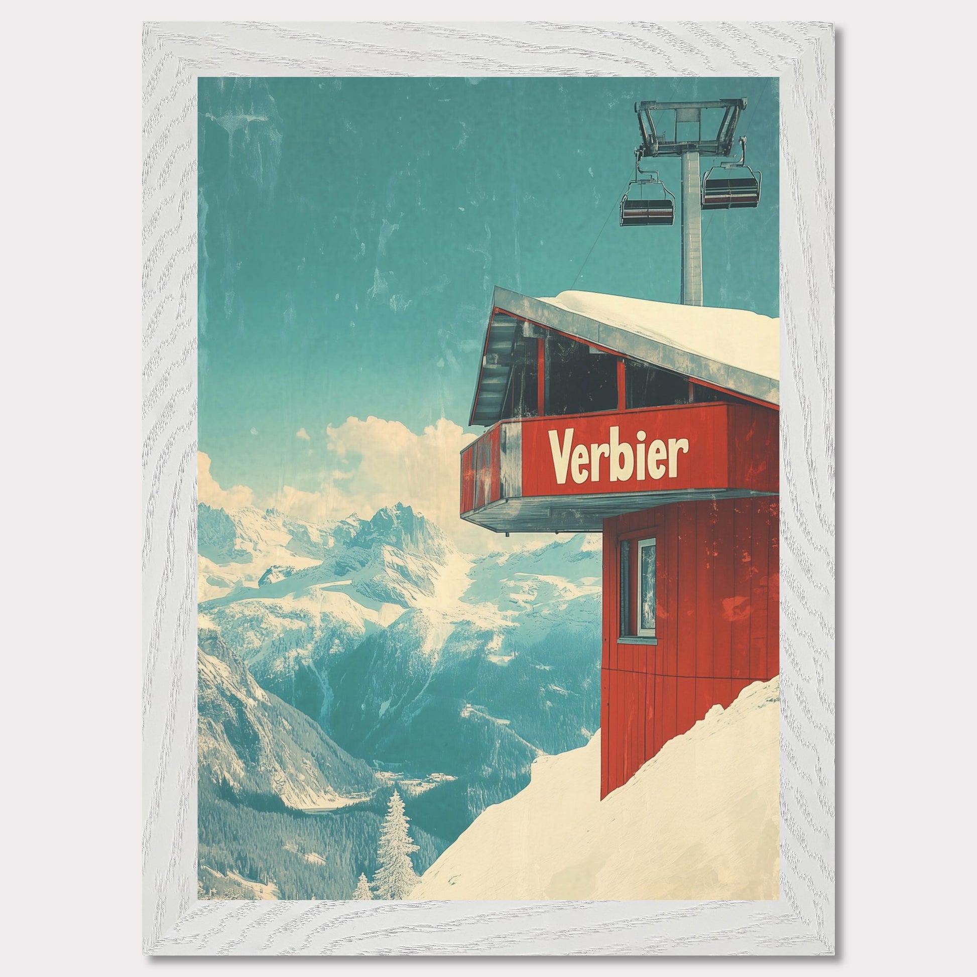 This vintage-inspired poster showcases a modern gondola station perched high above Verbier’s slopes. The gondola’s red cabin stands out against the pristine white snow, with majestic alpine peaks framing the view. The soft blue sky, accented by the vintage design, gives a timeless quality to the image. The simplicity and elegance of the gondola station invite viewers to imagine their own journey up the mountain, surrounded by the beauty of the Swiss Alps.