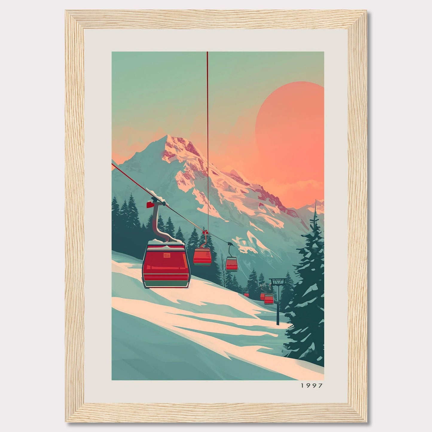 This captivating artwork depicts a serene mountain landscape with ski lifts ascending towards a majestic snow-capped peak under a warm, pastel-colored sky. The scene is framed by evergreen trees, creating a tranquil and inviting atmosphere.