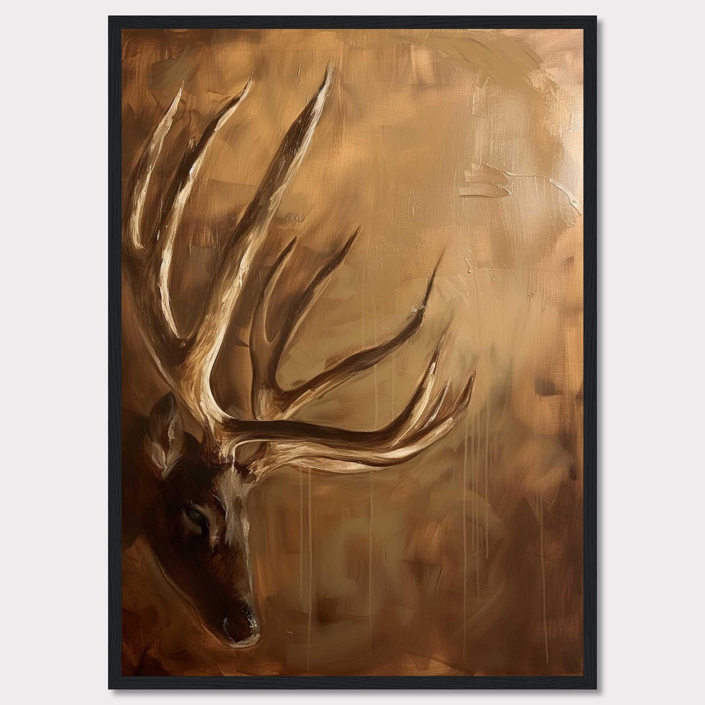 This captivating painting features a majestic deer with prominent antlers, set against a warm, earthy background. The artwork exudes a sense of tranquility and natural beauty, making it a perfect addition to any nature lover's collection.