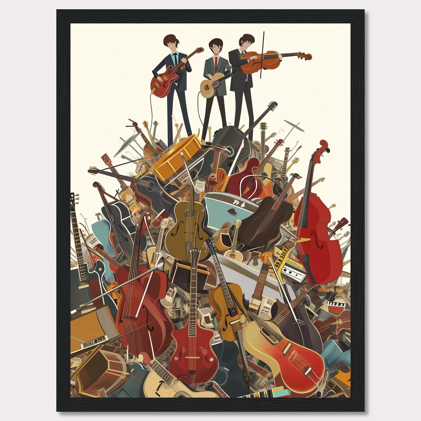 This vibrant illustration captures three musicians standing atop a towering pile of various musical instruments. The scene is filled with guitars, violins, cellos, drums, and more, creating a lively and energetic atmosphere.