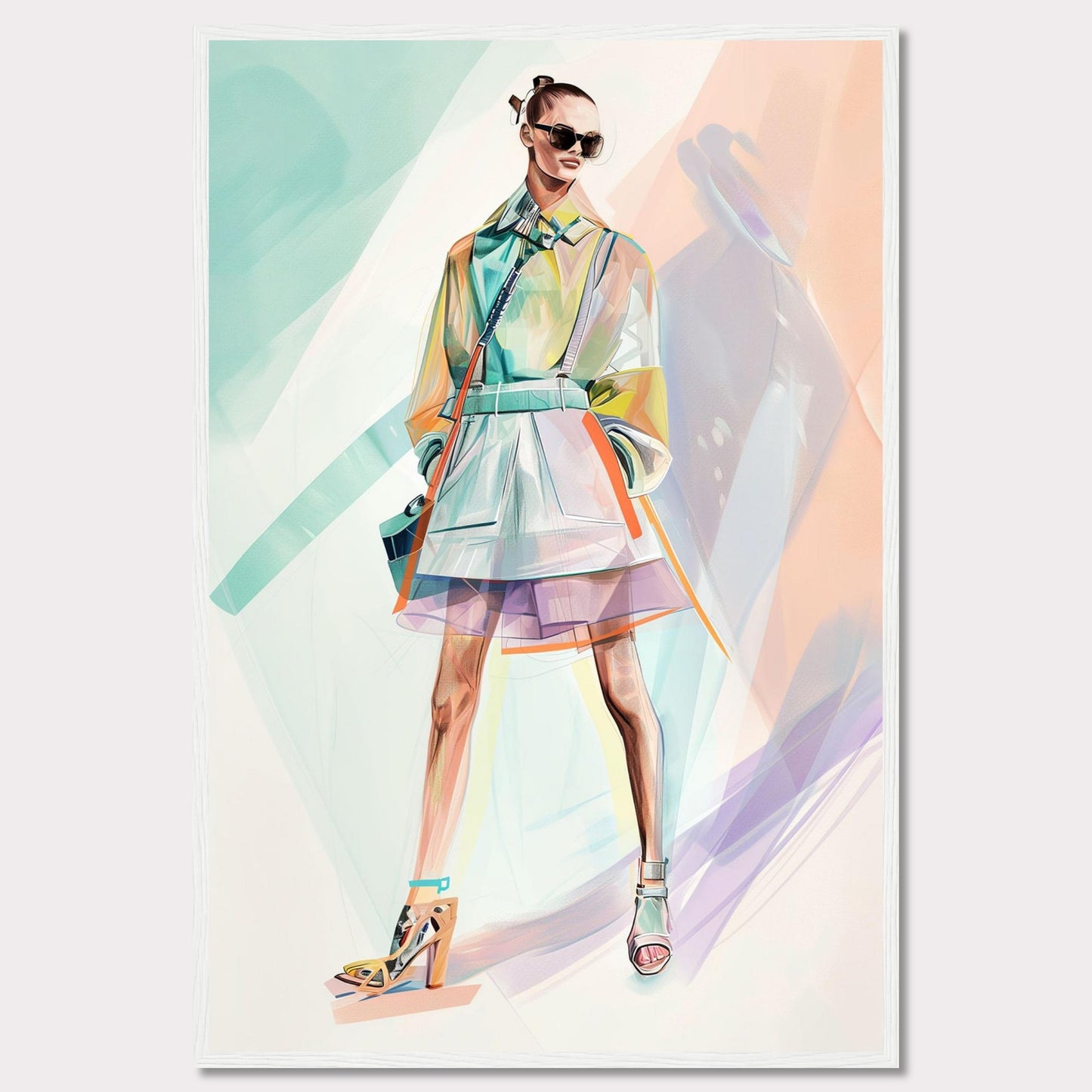 This stunning artwork features a stylish figure in a vibrant, modern outfit. The person is wearing a colorful, translucent coat over a layered skirt, with high-fashion heels and chic sunglasses. The background is an abstract blend of pastel colors, enhancing the fashionable vibe.