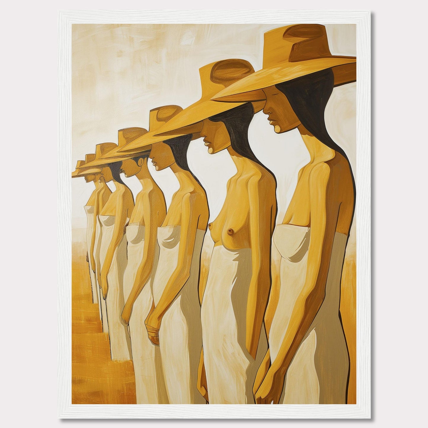 This striking artwork features a row of women standing in profile, each wearing a large hat and draped in a simple cloth. The painting captures a sense of unity and individuality through its minimalist style and warm color palette.