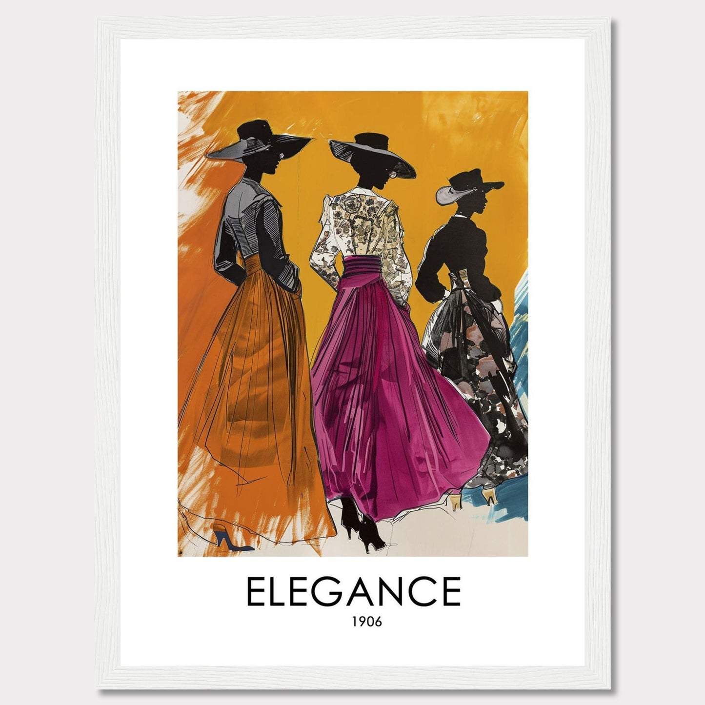 Three stylish women in elegant dresses and wide-brimmed hats stand gracefully against a vibrant orange background. The artwork exudes sophistication and timeless fashion from the early 1900s.