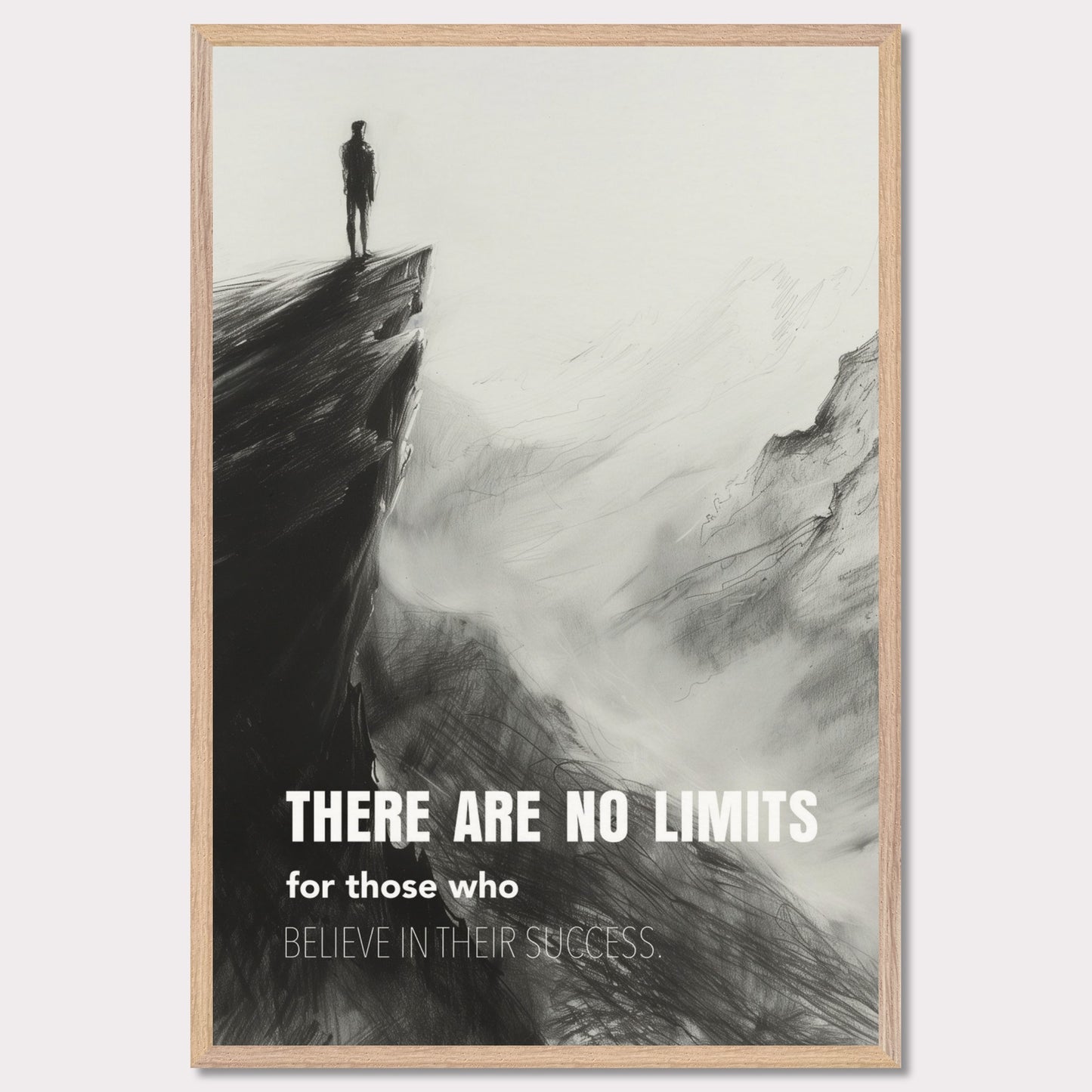 This image depicts a person standing at the edge of a cliff, looking out over a vast, foggy landscape. The scene is rendered in black and white, giving it a dramatic and contemplative feel. The text on the image reads: "There are no limits for those who believe in their success."