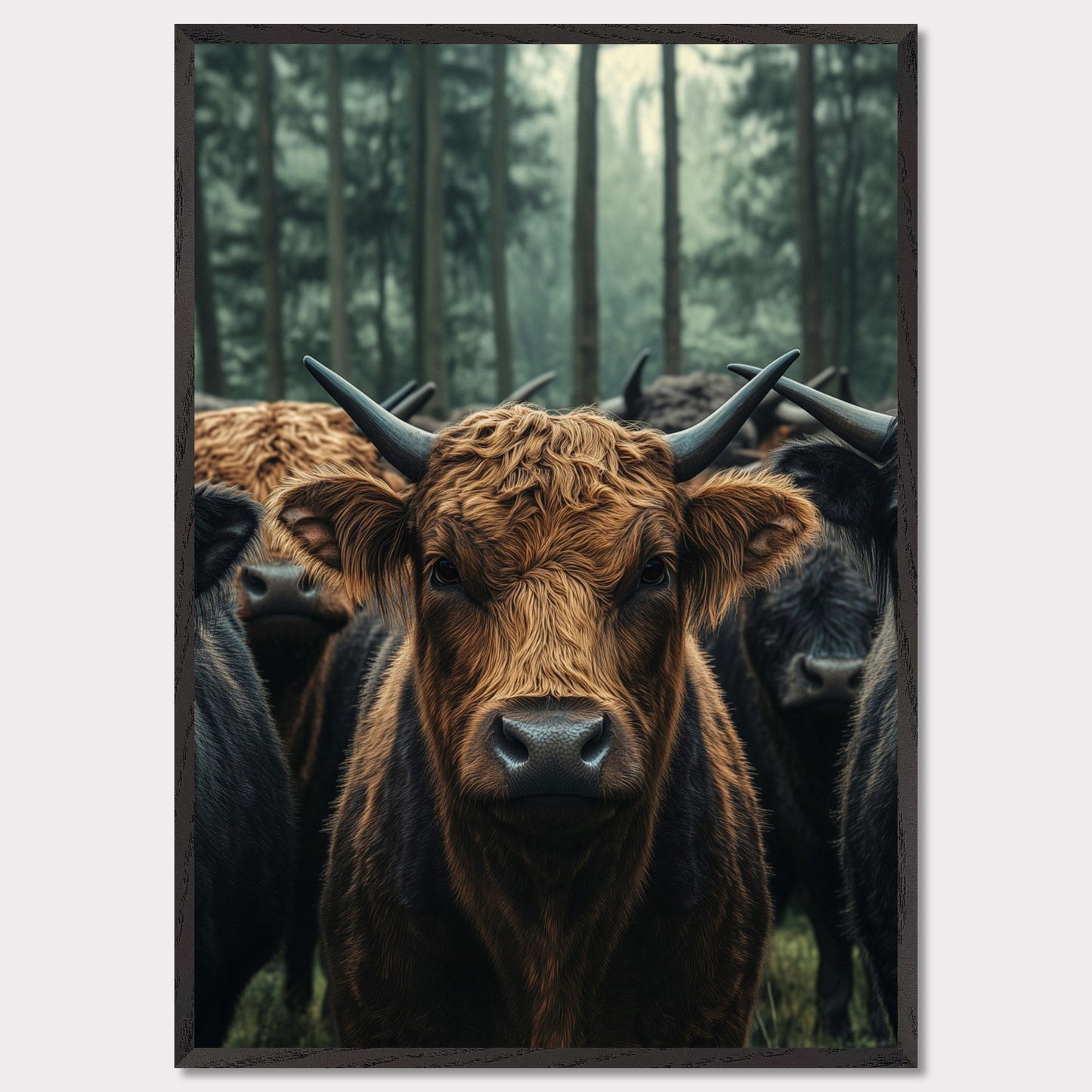 This captivating image features a herd of Highland cattle standing in a misty forest. The central focus is on a brown Highland cow, with its distinctive long horns and shaggy coat, staring directly at the viewer. The background showcases tall trees enveloped in fog, adding a mystical ambiance to the scene.