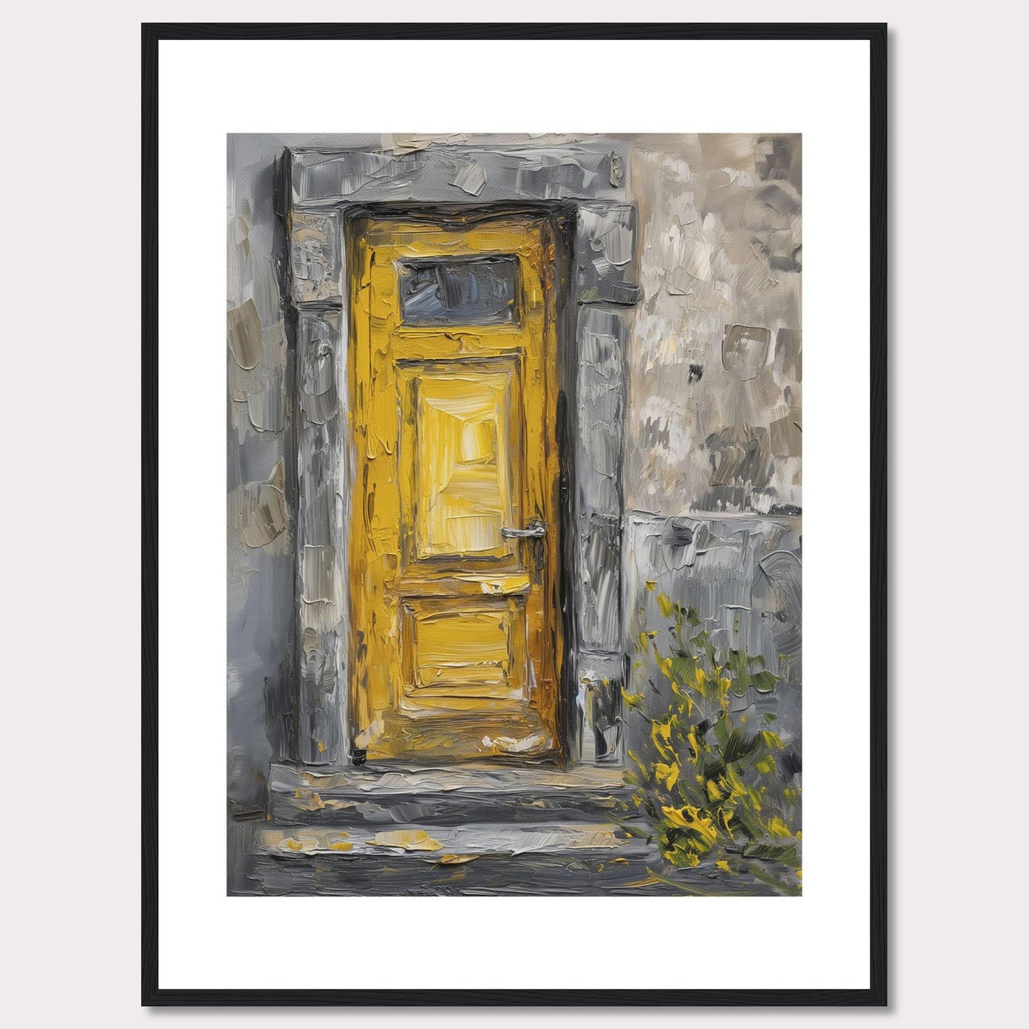 This image showcases a beautiful painting of a vibrant yellow door set within a textured, weathered stone wall. The artwork captures the rustic charm and character of an old building, with hints of greenery peeking through at the bottom right corner.