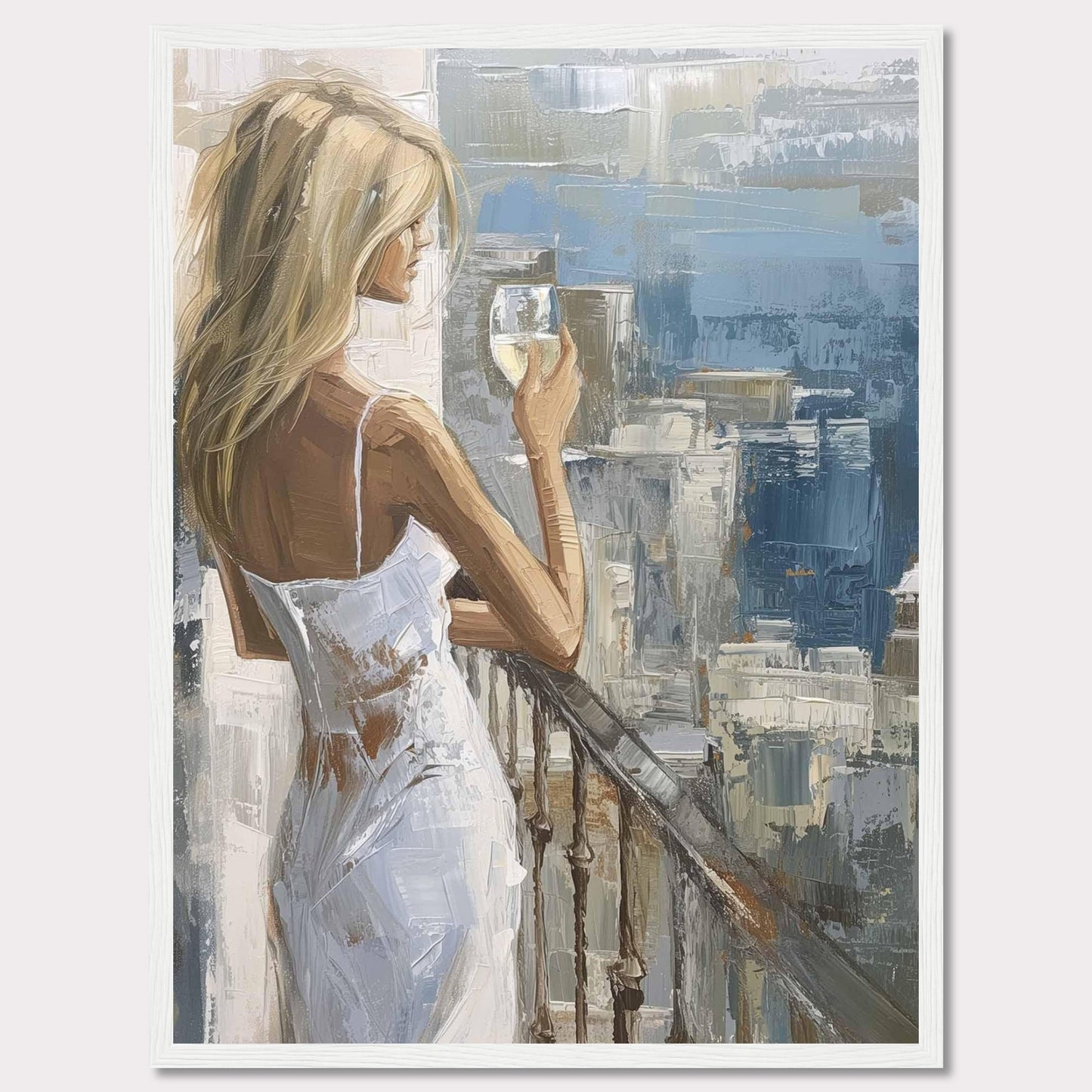 This painting depicts a serene moment where a woman, dressed in a white dress, stands on a balcony holding a glass of wine. The background features an impressionistic cityscape with various shades of blue and gray.