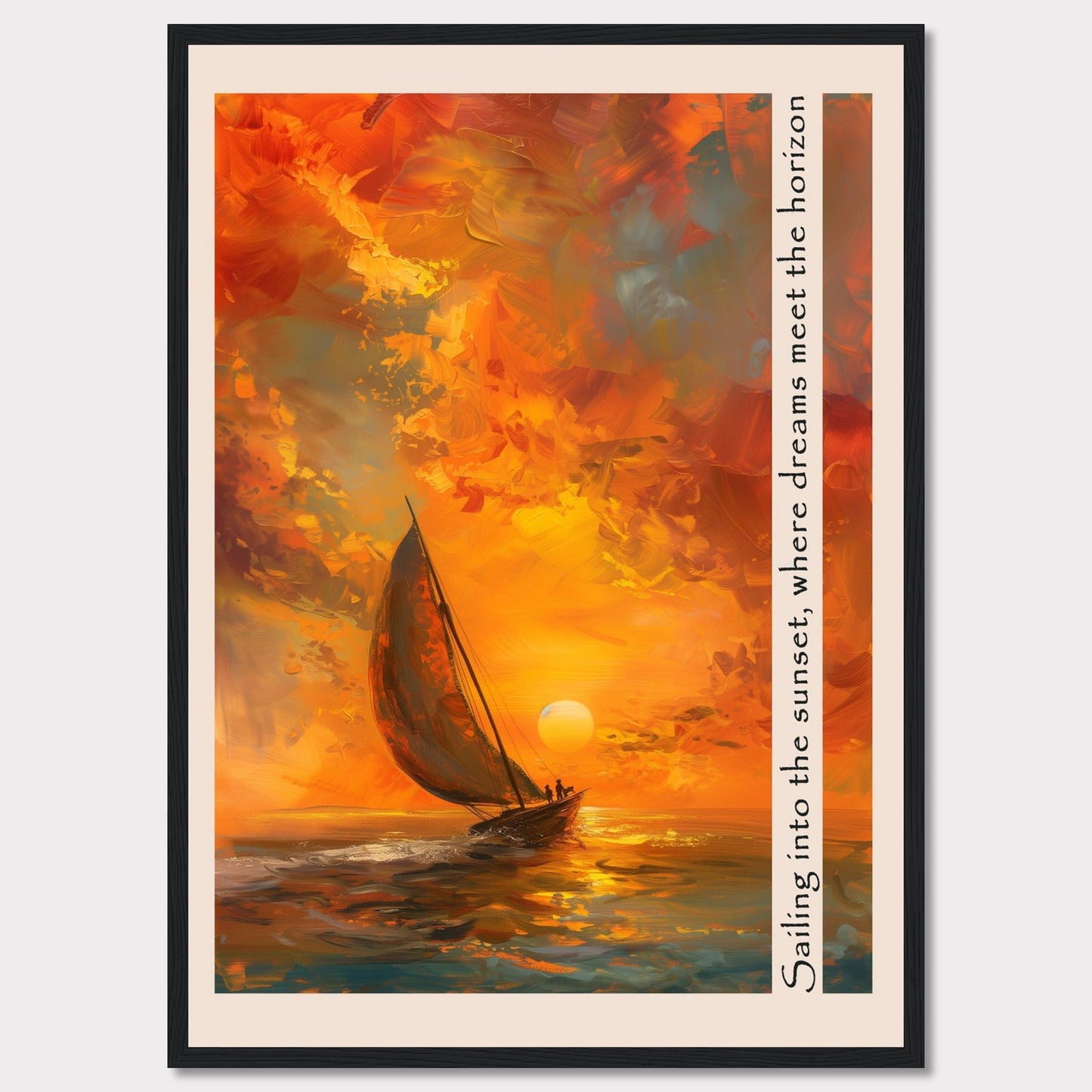 This captivating artwork depicts a sailboat gliding through the vibrant hues of a sunset, where the sky meets the sea in a harmonious blend of colors. The painting's warm tones evoke a sense of tranquility and adventure.