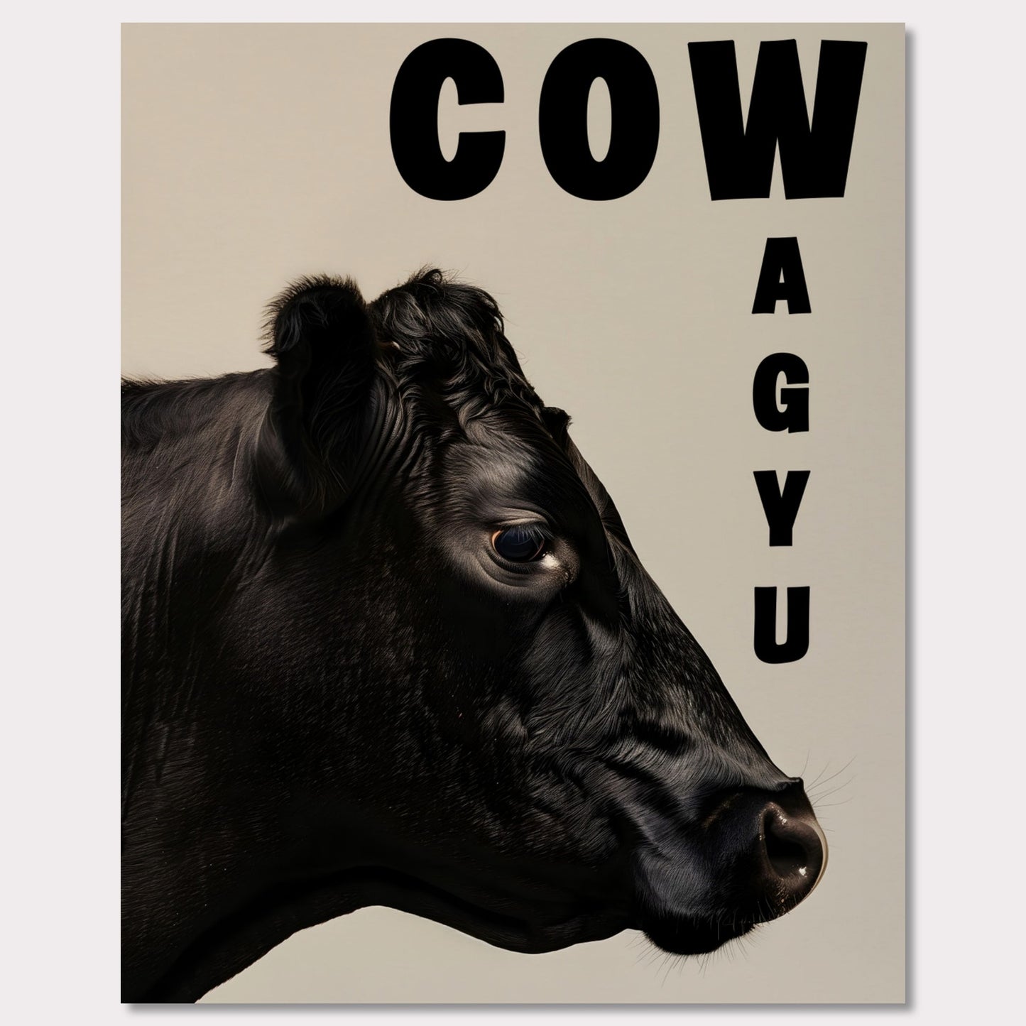 This image features a close-up profile of a black cow against a neutral background. The word "COW" is prominently displayed in bold black letters at the top, while the word "WAGYU" is arranged vertically on the right side.