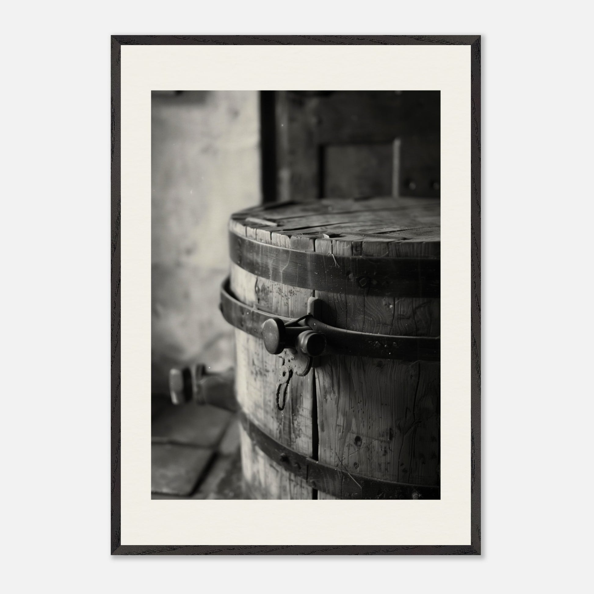 This black and white illustration depicts an old wooden barrel with metal bands, placed in a rustic setting.