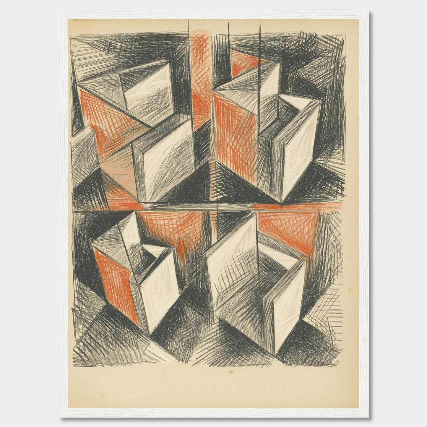 This artwork features an abstract geometric composition with intersecting shapes and lines. The use of black and orange tones creates a dynamic and intriguing visual effect.