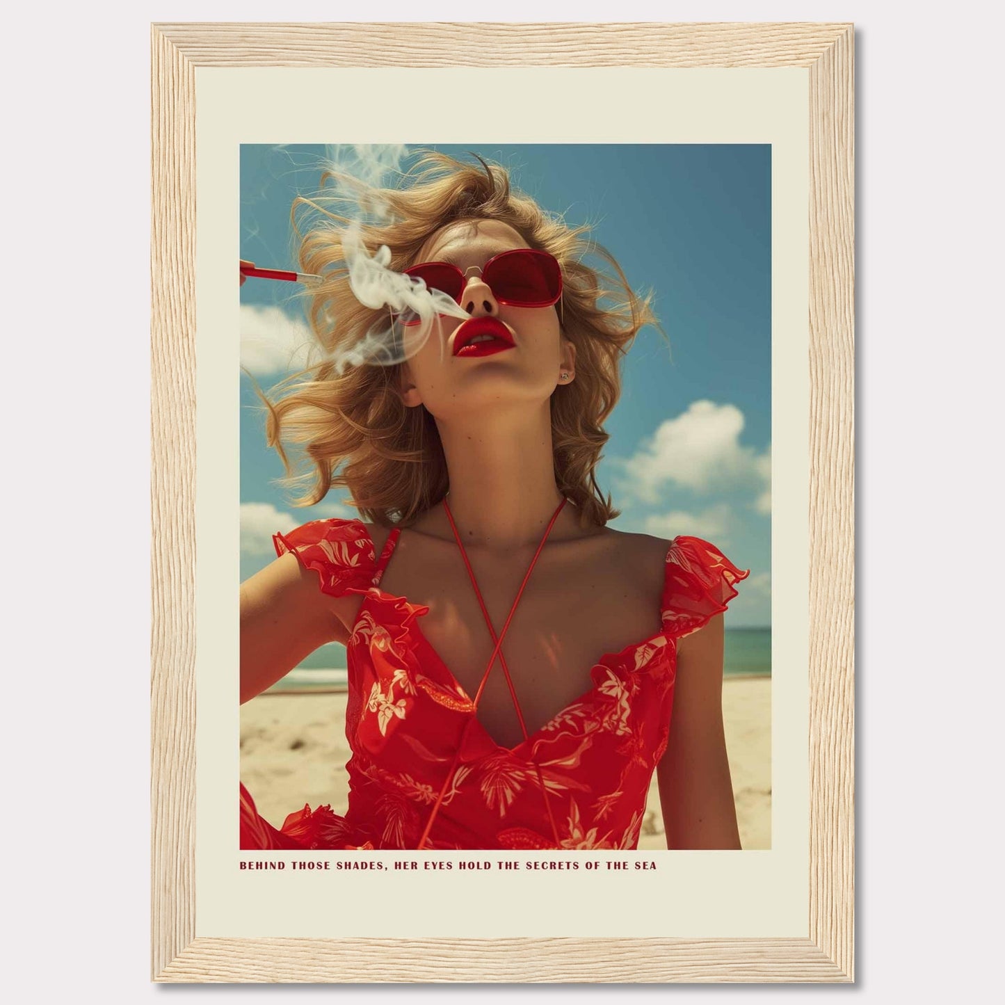 This striking image features a woman in a vibrant red dress and matching sunglasses, exuding confidence and mystery. The ocean and sky form the serene backdrop, while smoke adds an air of intrigue. The caption reads, "BEHIND THOSE SHADES, HER EYES HOLD THE SECRETS OF THE SEA."