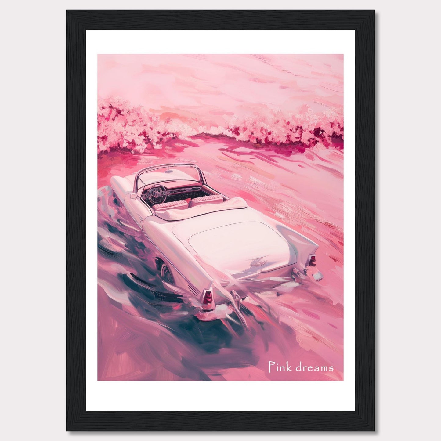 This artwork features a dreamy scene with a vintage convertible car driving through a pink-hued landscape. The soft, pastel colors create a serene and nostalgic atmosphere.