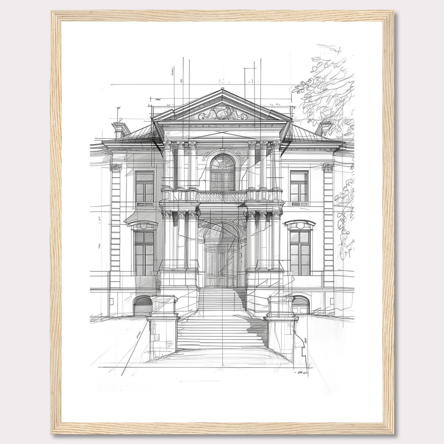 This image showcases an architectural sketch of a grand, classical building. The detailed drawing highlights the intricate design and majestic structure of the edifice.