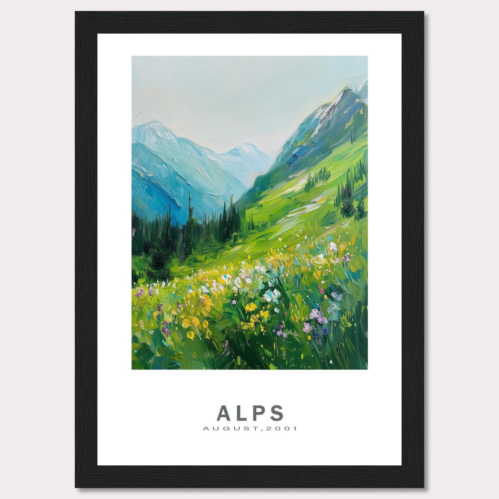 This beautiful framed artwork captures a vibrant and serene landscape of the Alps in August 2001. The painting showcases lush green mountains, colorful wildflowers, and a tranquil sky.