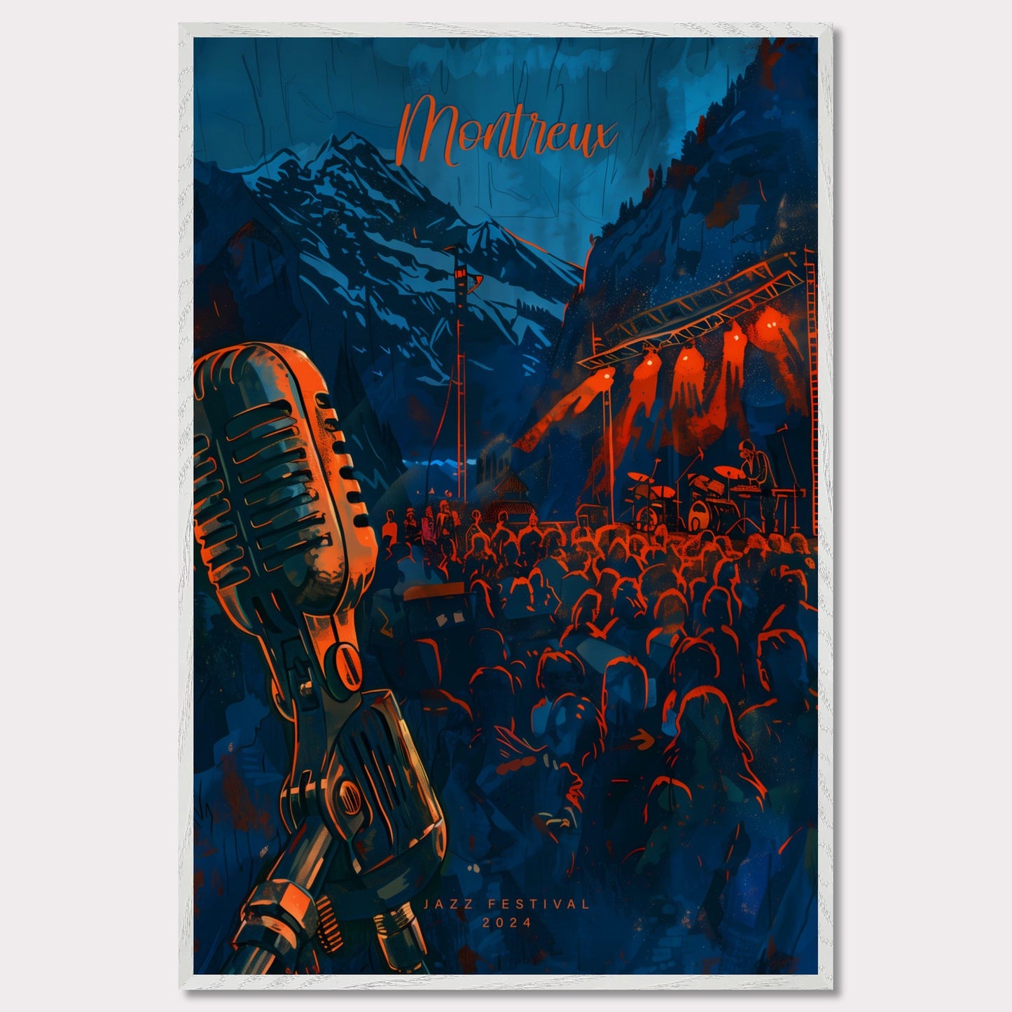 Experience the magic of Montreux Jazz Festival 2024! This vibrant poster captures the essence of live music against a stunning mountain backdrop. Join the crowd, feel the rhythm, and be part of an unforgettable musical journey.