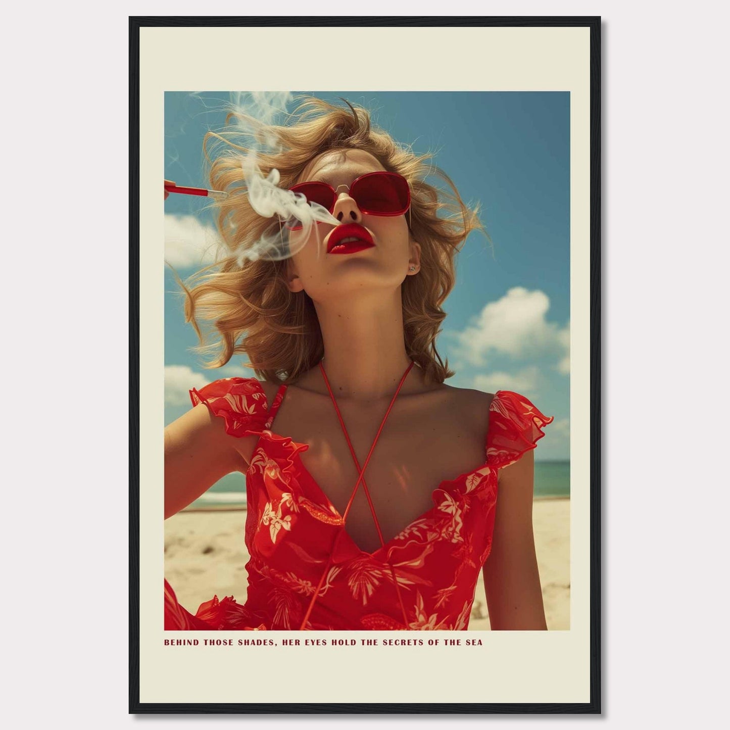 This striking image features a woman in a vibrant red dress and matching sunglasses, exuding confidence and mystery. The ocean and sky form the serene backdrop, while smoke adds an air of intrigue. The caption reads, "BEHIND THOSE SHADES, HER EYES HOLD THE SECRETS OF THE SEA."