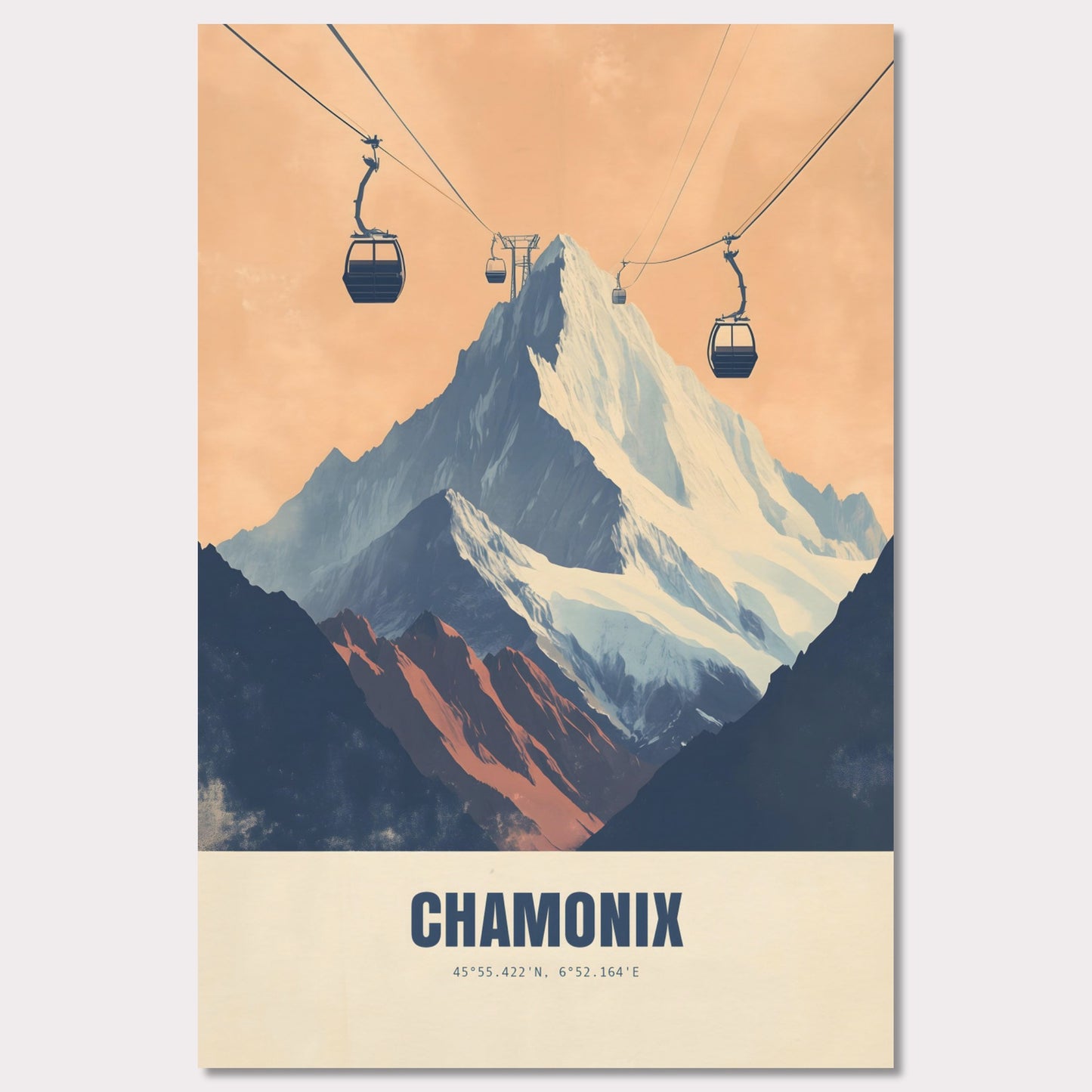 This striking poster showcases the dramatic ascent to Chamonix’s peaks, with cable cars stretching across the sky towards the snow-covered mountains. The bold contrasts between deep shadows and glowing light create an atmosphere of adventure and grandeur.