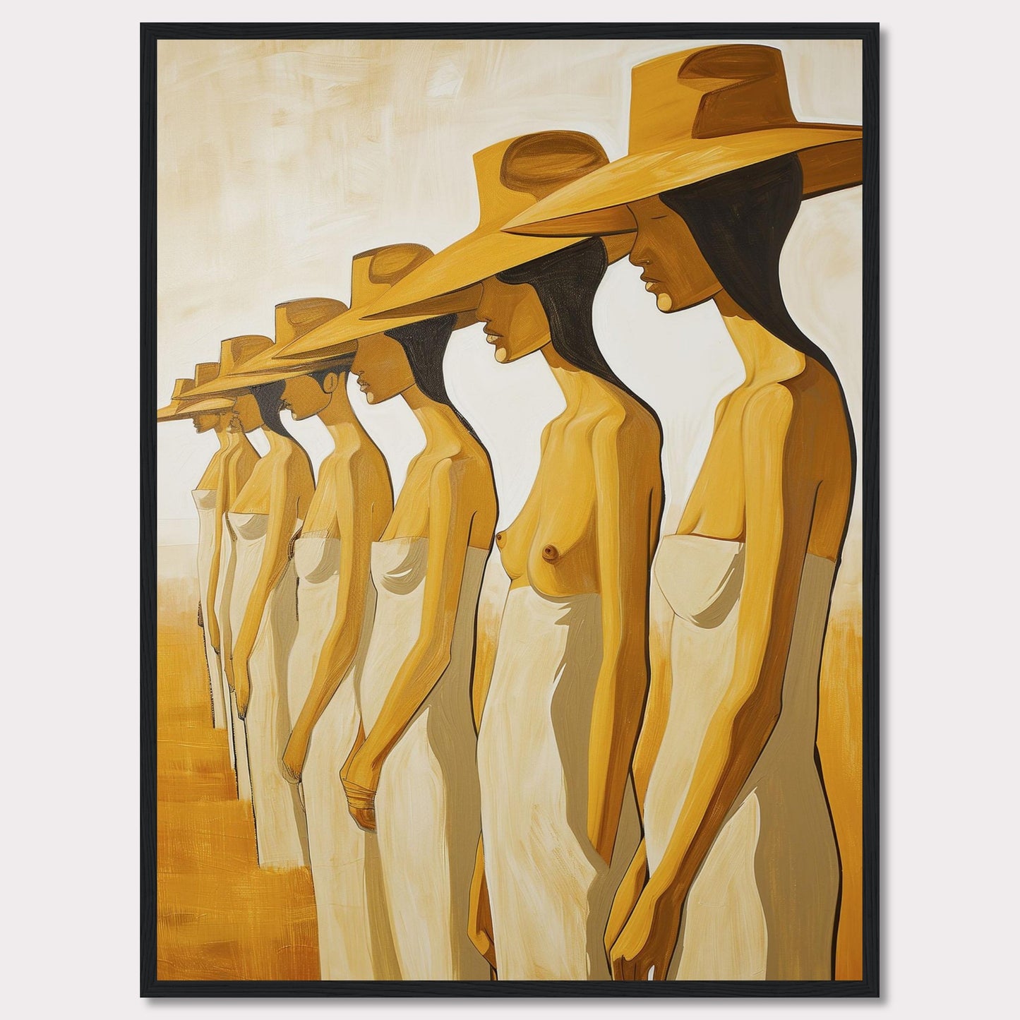 This striking artwork features a row of women standing in profile, each wearing a large hat and draped in a simple cloth. The painting captures a sense of unity and individuality through its minimalist style and warm color palette.