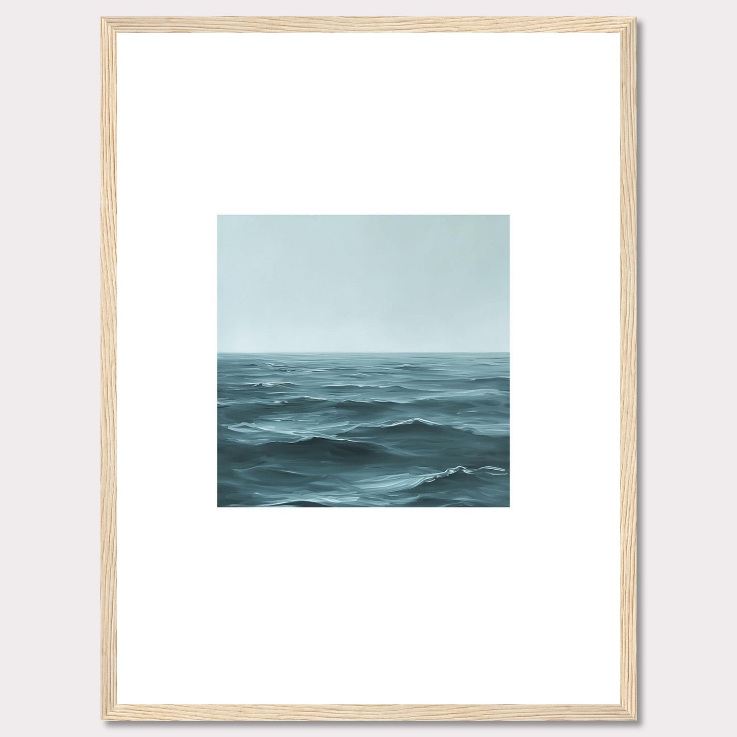 This serene artwork captures the vastness of the ocean, inviting a sense of calm and tranquility into any space. The painting features gentle waves under a soft, misty sky, framed elegantly in black.