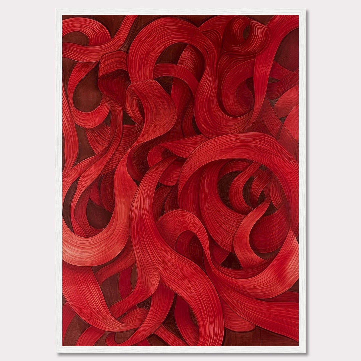 This captivating artwork features a mesmerizing array of red swirls and curves, creating a dynamic and flowing visual experience. The intricate details and rich hues draw the viewer in, evoking a sense of movement and passion.