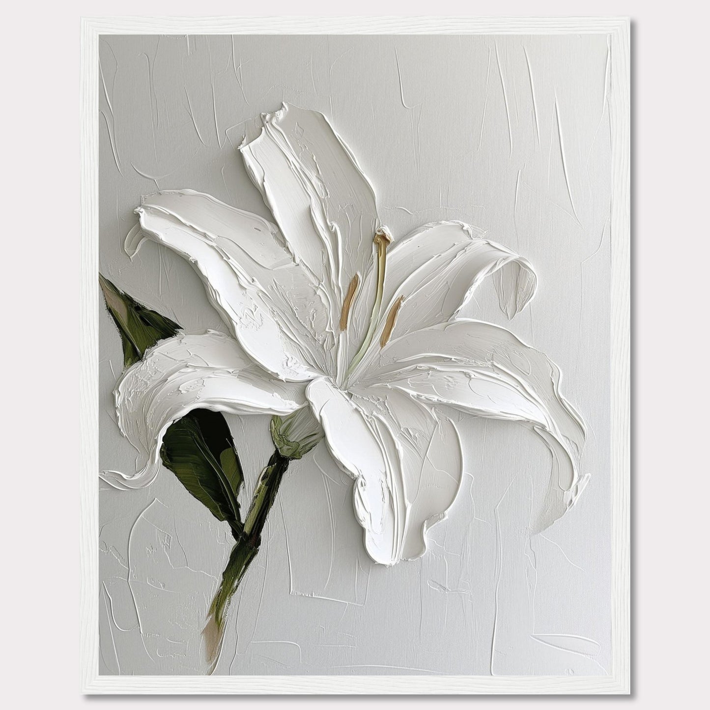 This image showcases a stunning textured painting of a white lily, elegantly framed in black. The thick brushstrokes add depth and dimension to the petals, creating a lifelike appearance. The background is kept minimal, allowing the flower to be the focal point.