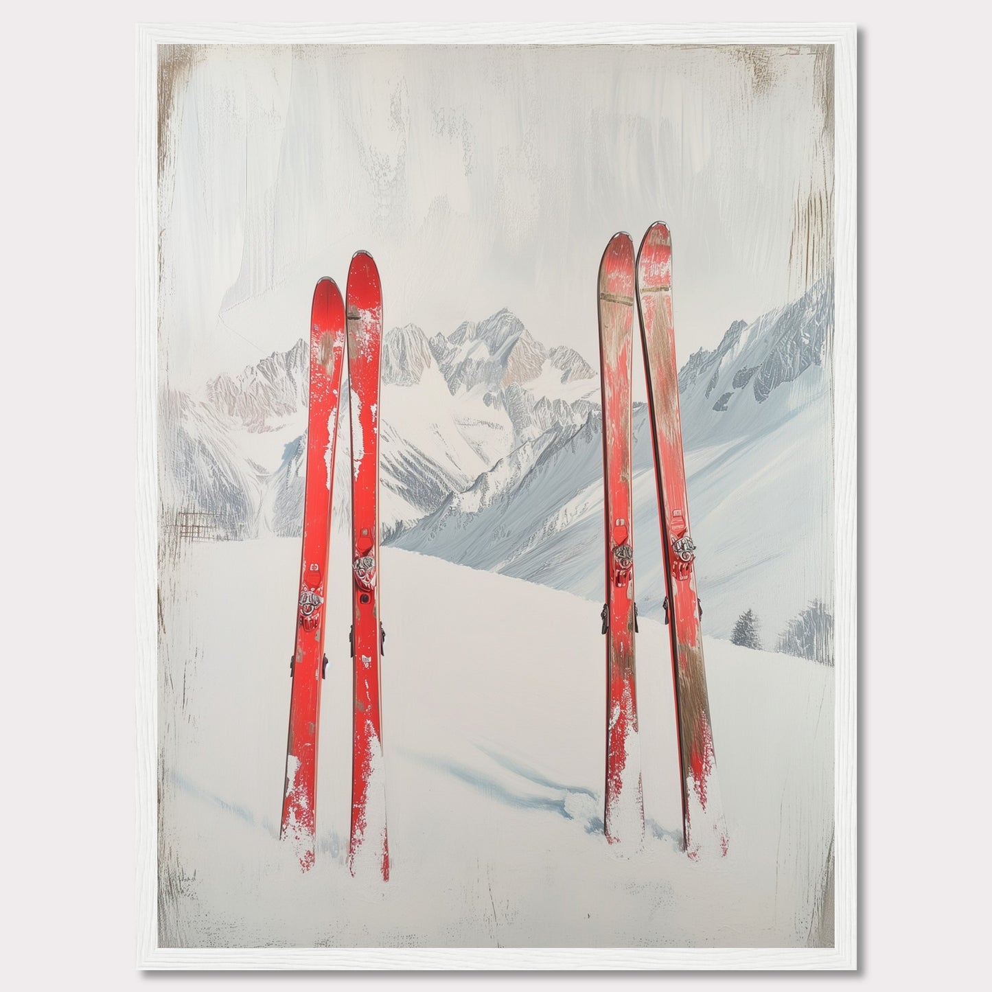 This captivating image showcases a serene winter scene with four red skis planted in the snow against a backdrop of majestic, snow-covered mountains. The skis stand out vibrantly against the white snow and the muted tones of the distant peaks. The overall composition evokes a sense of adventure and the thrill of skiing in the great outdoors.