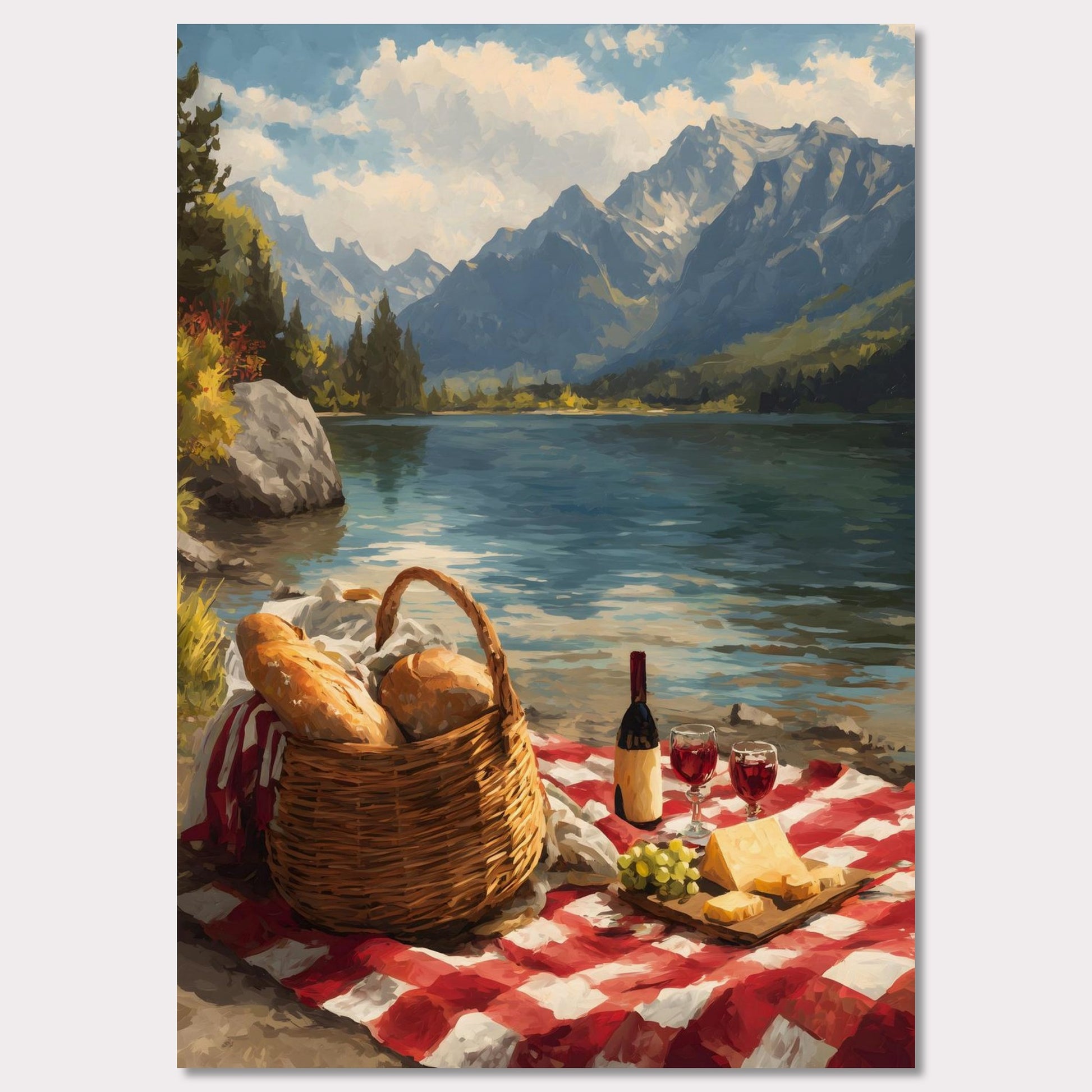 A checkered blanket lies beside a glistening lake, topped with fresh bread, wine, cheese, and grapes. Behind it all, towering mountains create a breathtaking backdrop. The scene celebrates indulgence, nature, and the timeless art of slowing down.