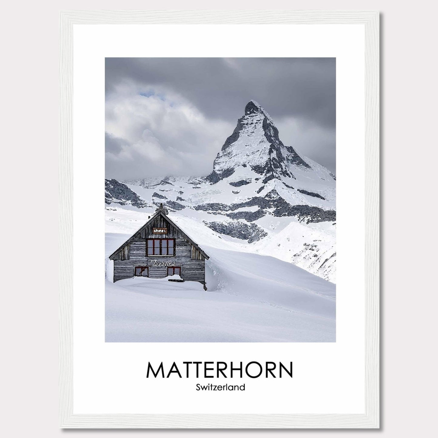 This stunning photograph captures the iconic Matterhorn in Switzerland, with a charming wooden cabin nestled in the snow-covered landscape. The majestic peak rises dramatically against a cloudy sky, creating a breathtaking scene of natural beauty.