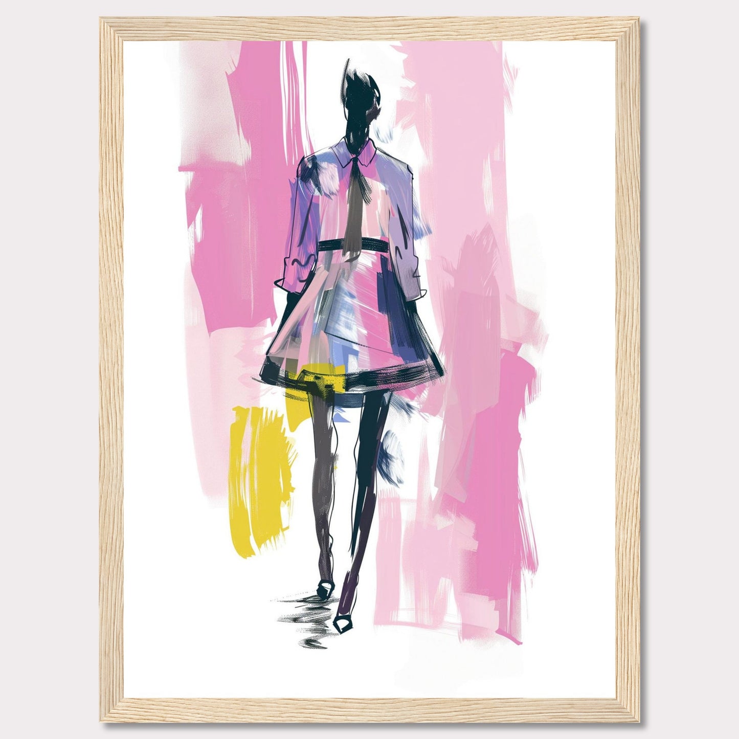 This image showcases a fashion illustration featuring a stylish figure in a vibrant dress. The artwork is characterized by bold brush strokes and a mix of colors, including pink, purple, yellow, and black. The figure exudes confidence, walking forward with purpose.